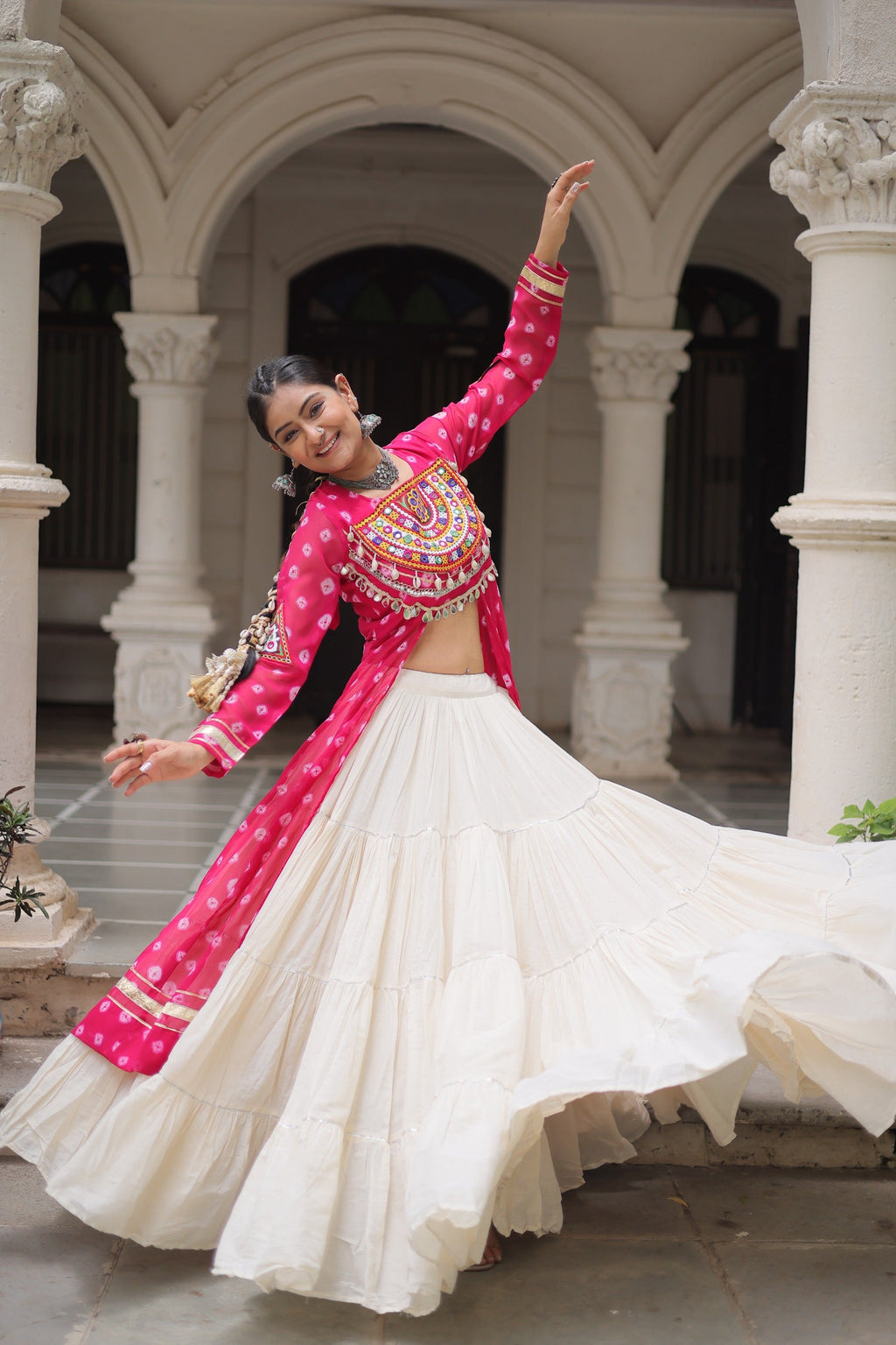 Pink Georgette Bandhani Print Navratri Lehenga With Kutchi Patchwork