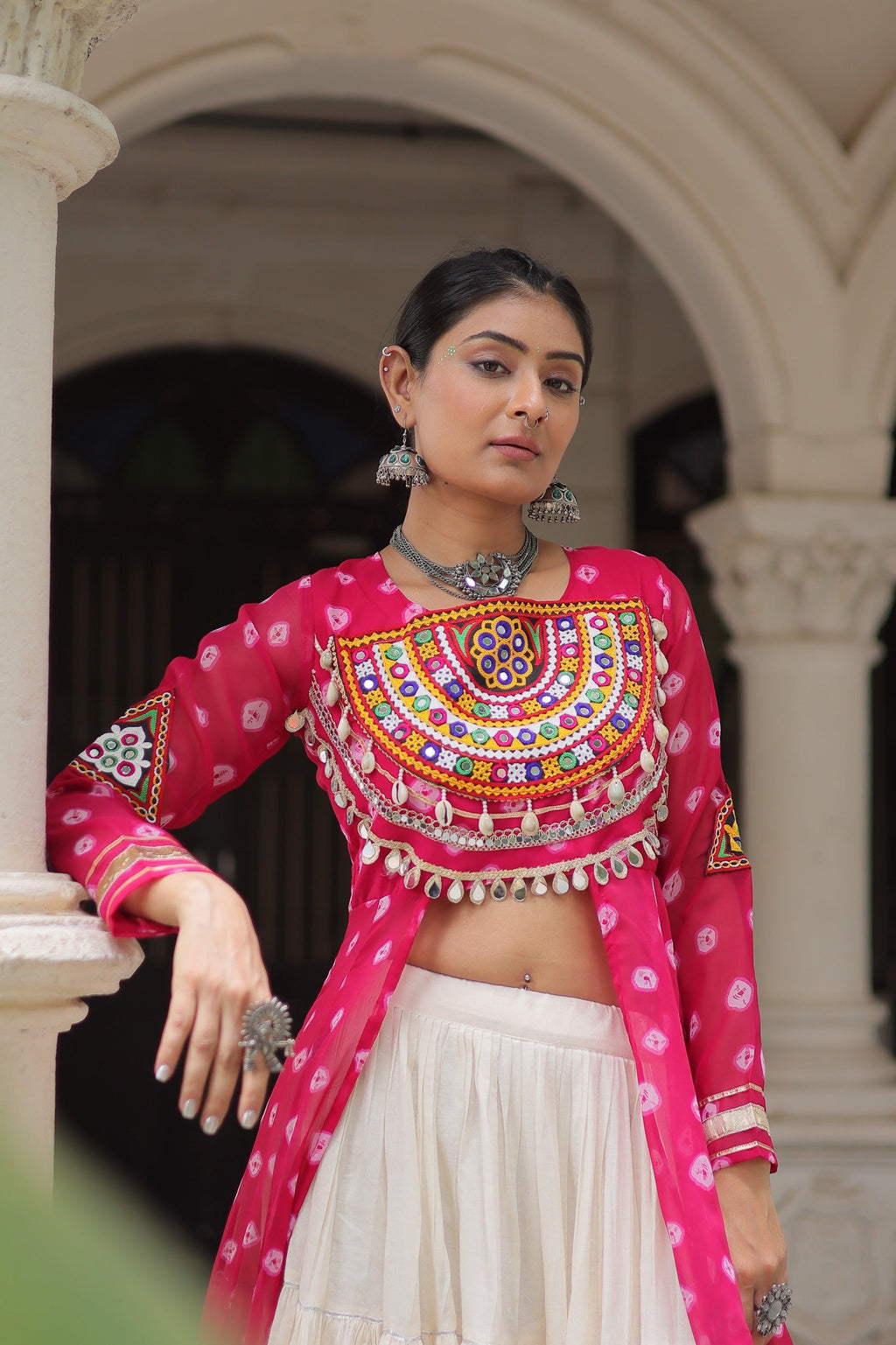 Pink Georgette Bandhani Print Navratri Lehenga With Kutchi Patchwork