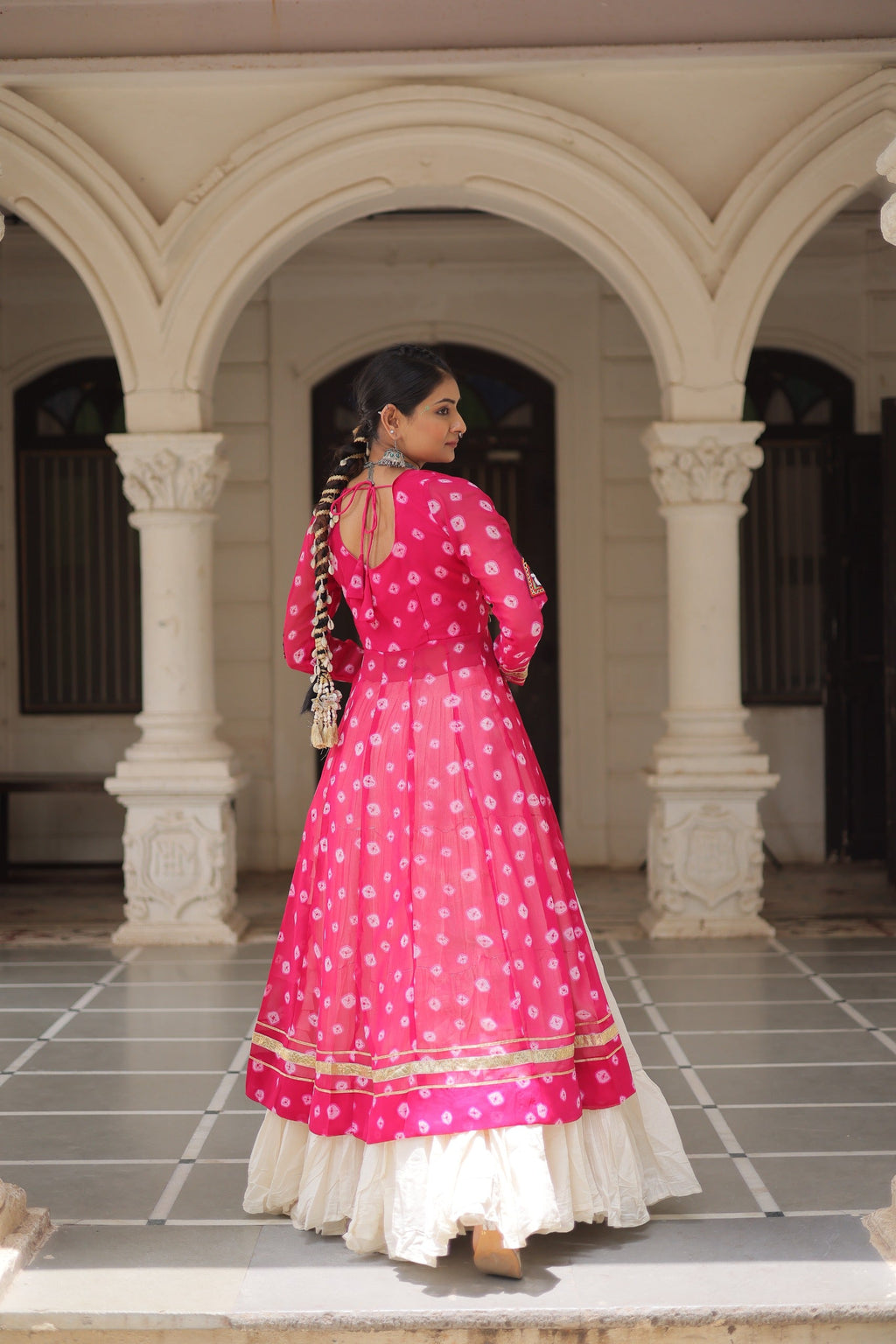 Pink Georgette Bandhani Print Navratri Lehenga With Kutchi Patchwork
