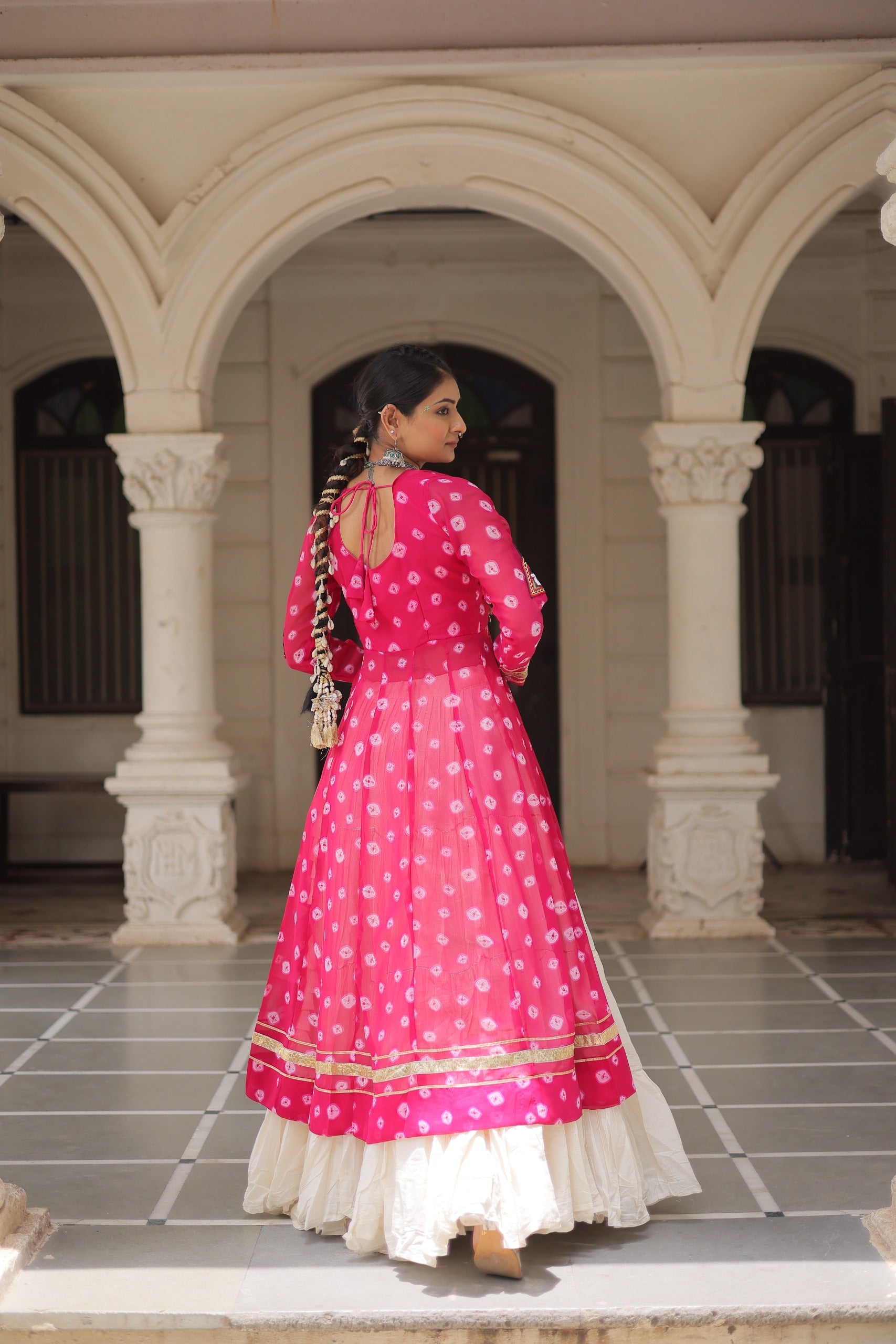 Pink Georgette Bandhani Print Navratri Lehenga With Kutchi Patchwork