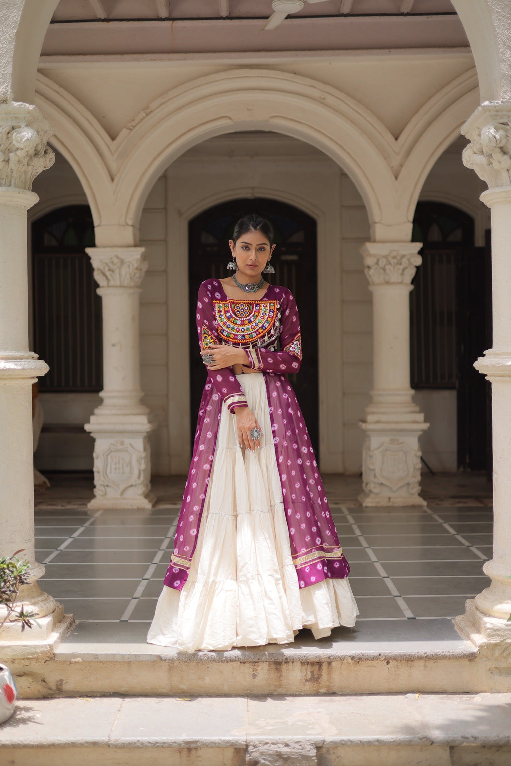 Wine Georgette Bandhani Print Lehenga with Kutchi Patchwork