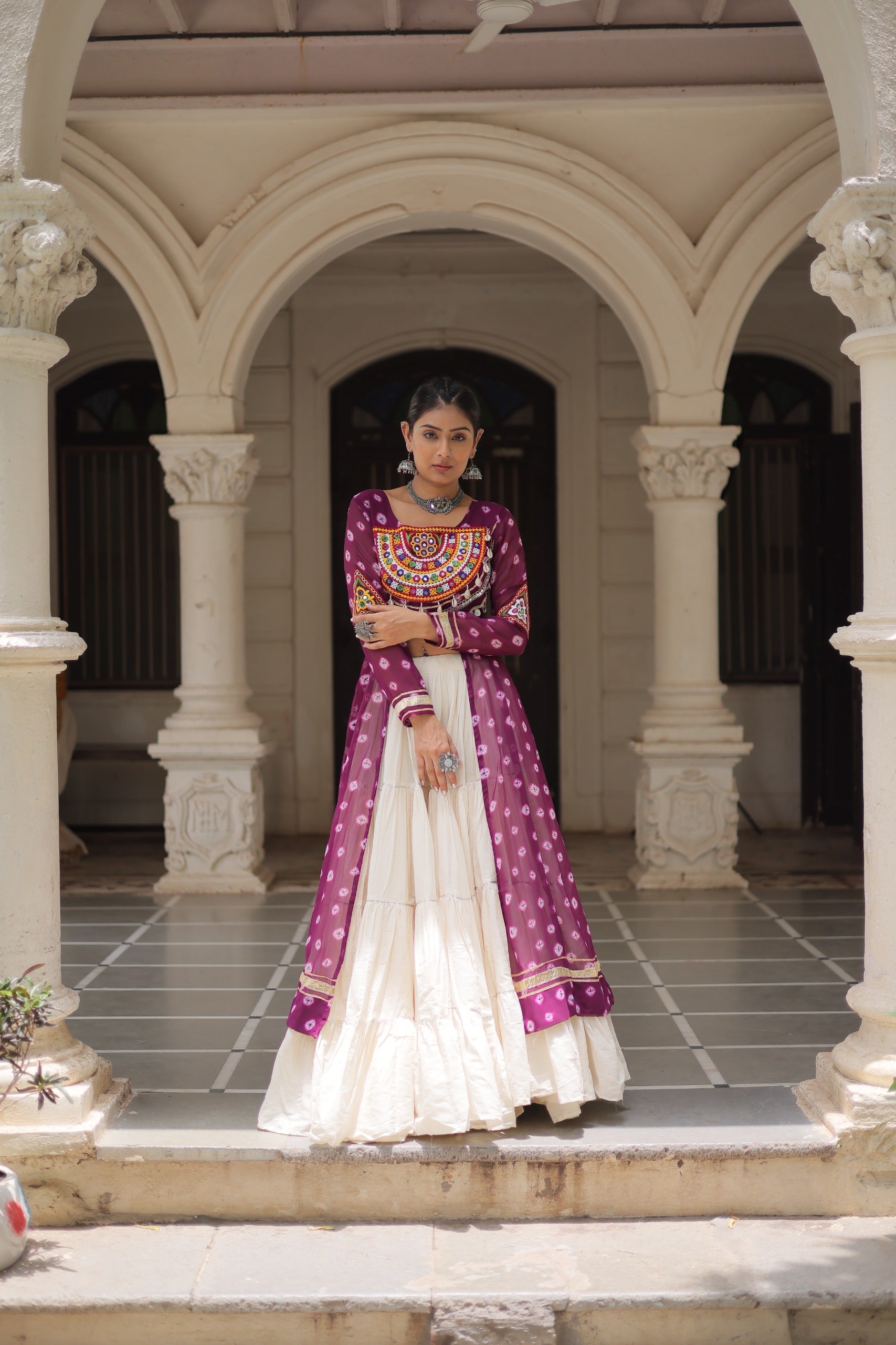Wine Georgette Bandhani Print Lehenga with Kutchi Patchwork