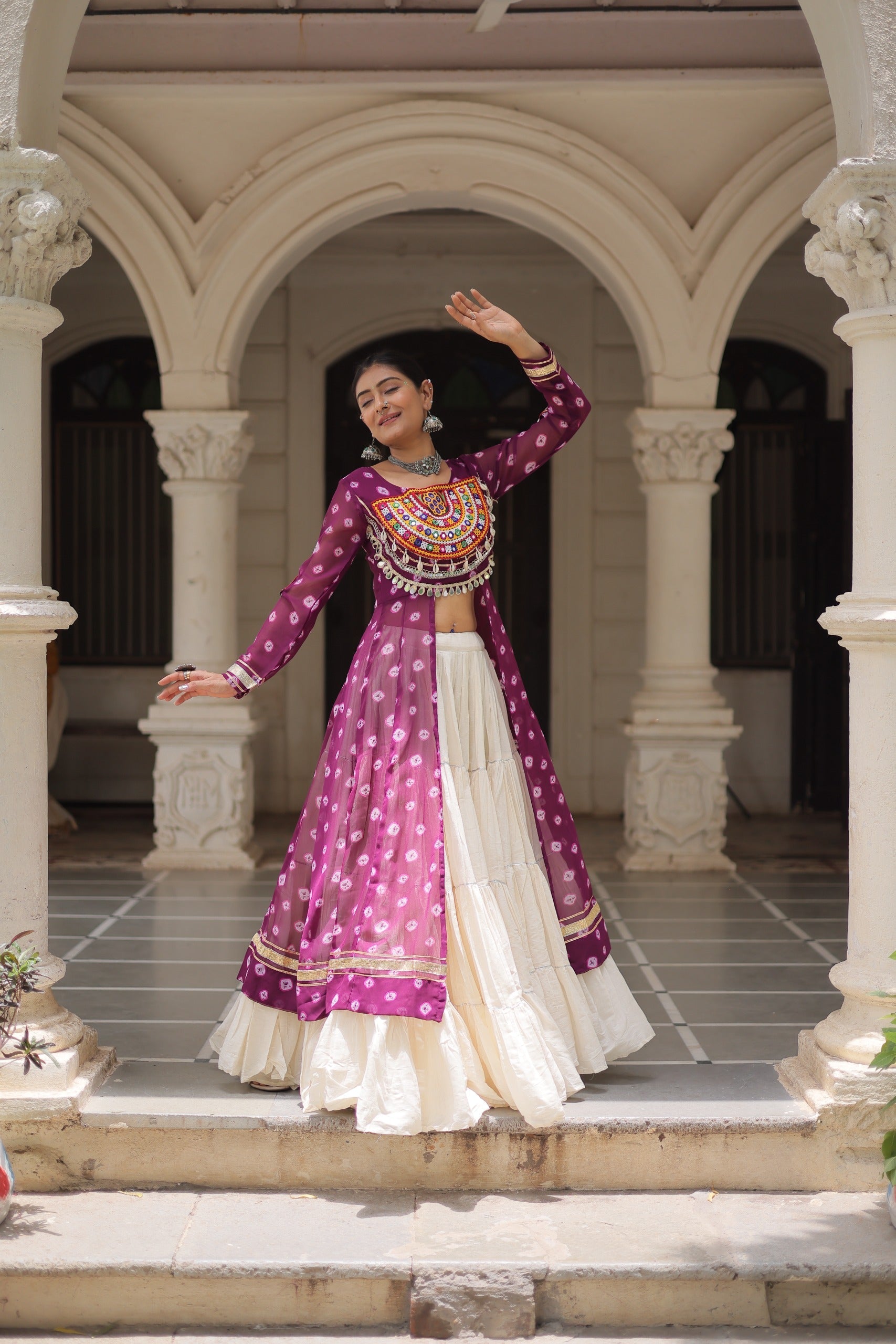 Wine Georgette Bandhani Print Lehenga with Kutchi Patchwork