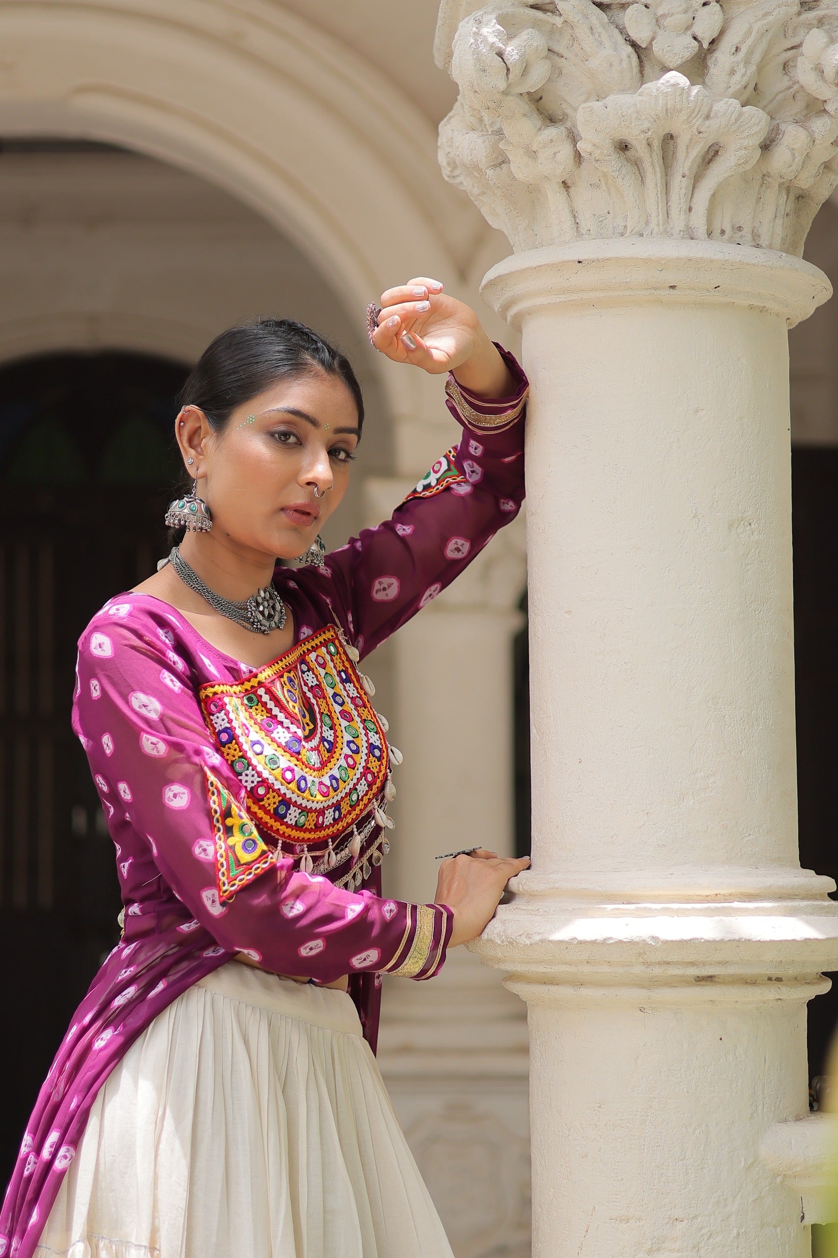 Wine Georgette Bandhani Print Lehenga with Kutchi Patchwork
