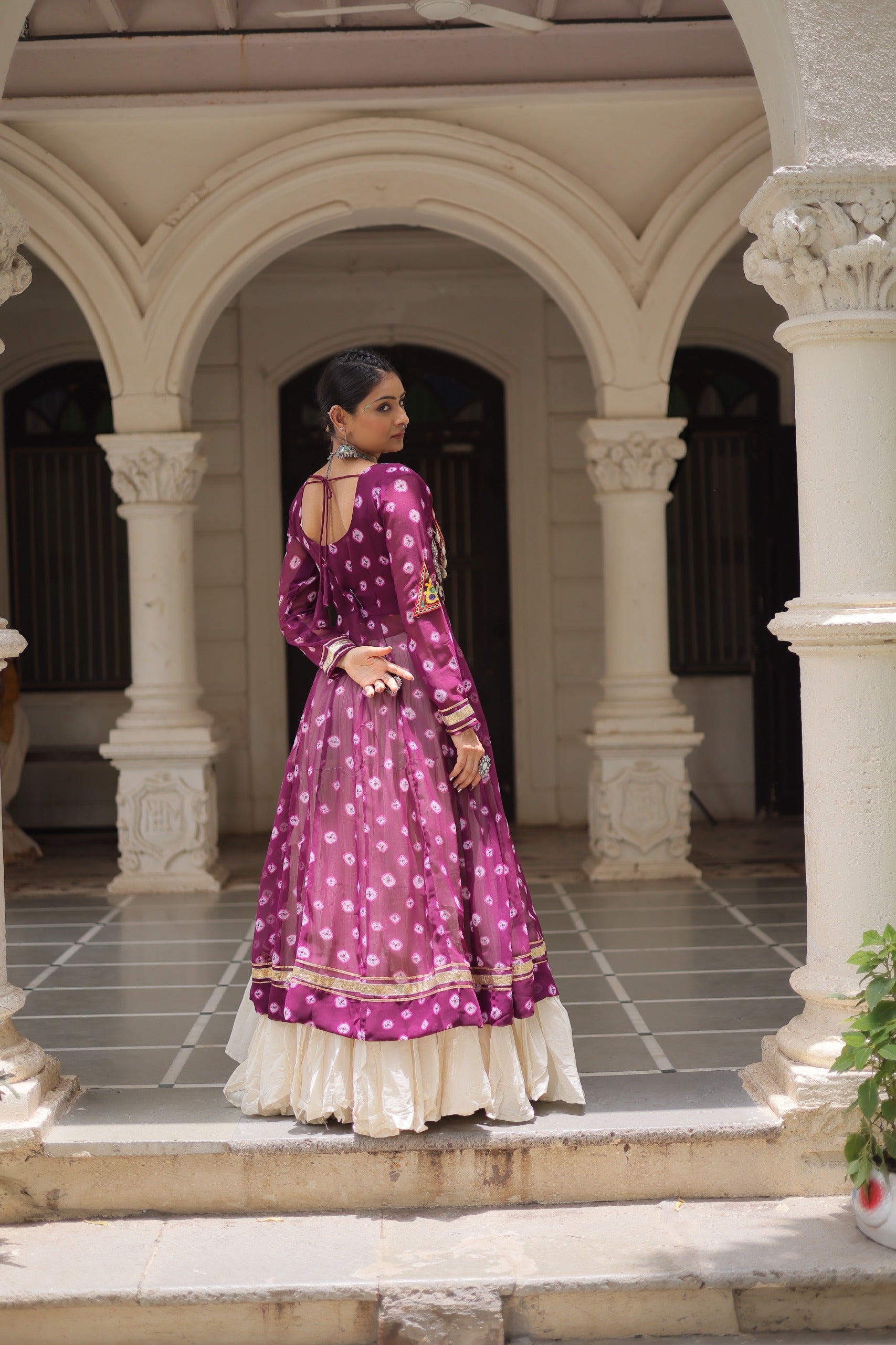 Wine Georgette Bandhani Print Lehenga with Kutchi Patchwork