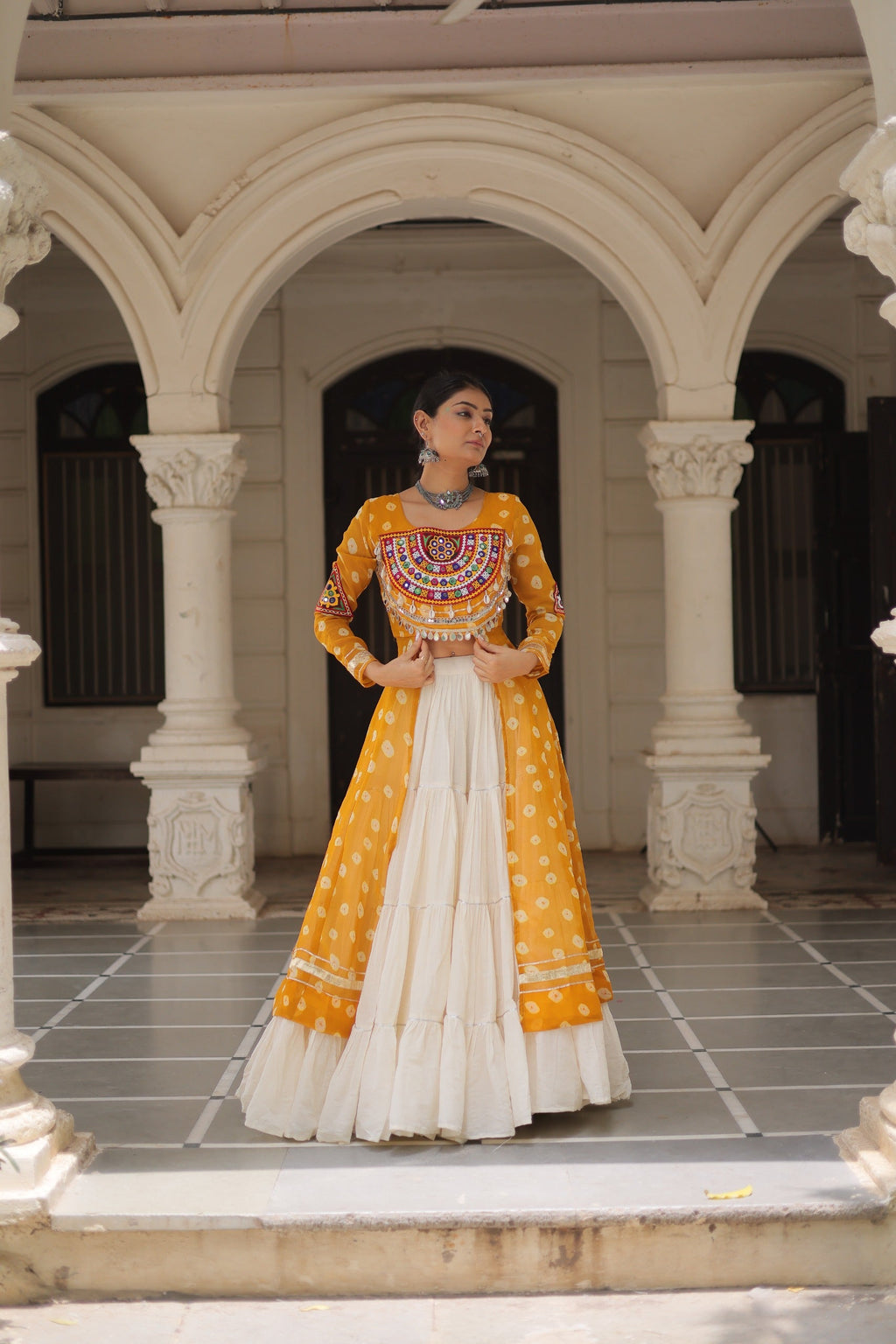 Yellow Georgette Bandhani Navratri Lehenga Kurti Kutchi Patchwork