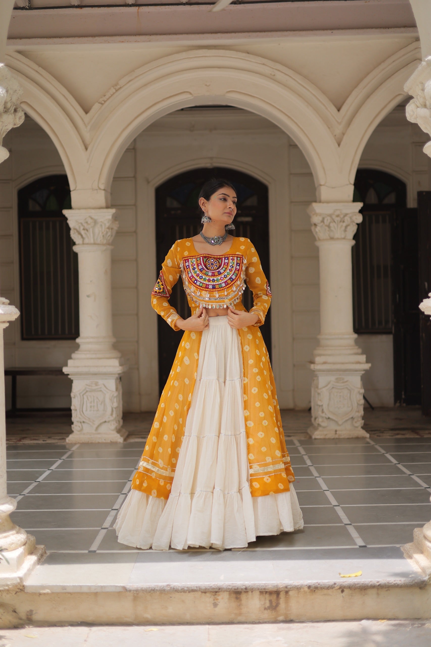 Yellow Georgette Bandhani Navratri Lehenga Kurti Kutchi Patchwork