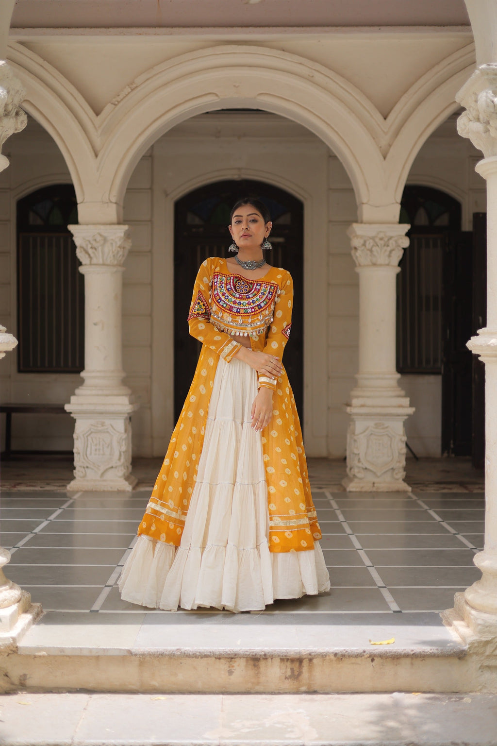 Yellow Georgette Bandhani Navratri Lehenga Kurti Kutchi Patchwork