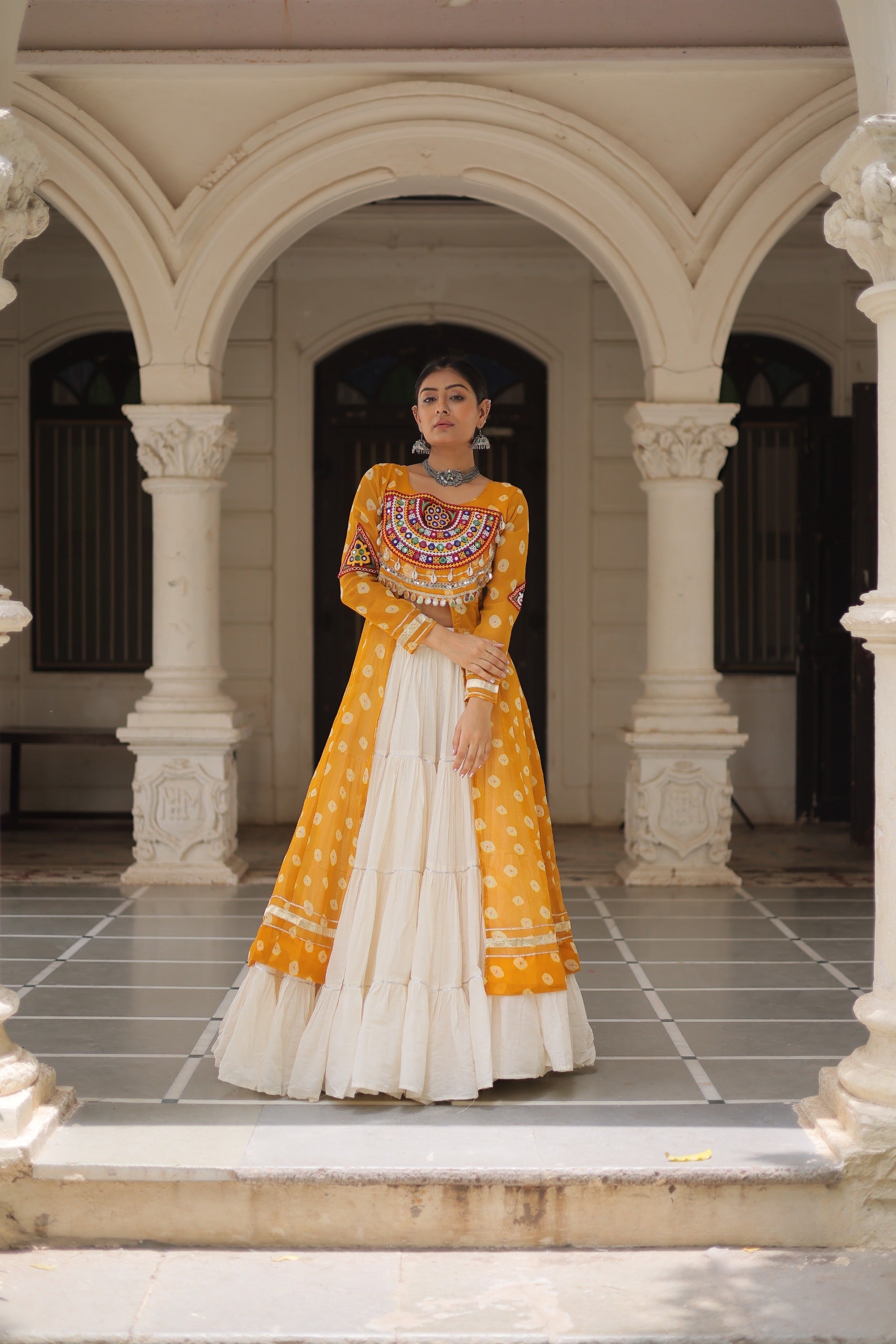 Yellow Georgette Bandhani Navratri Lehenga Kurti Kutchi Patchwork