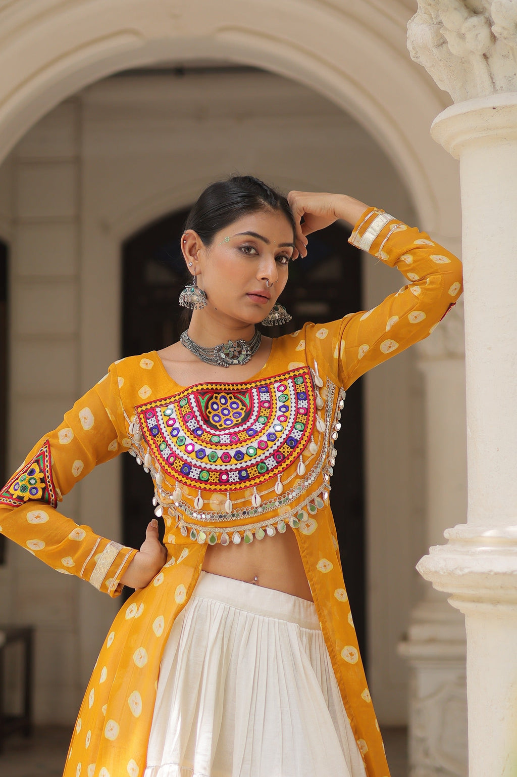 Yellow Georgette Bandhani Navratri Lehenga Kurti Kutchi Patchwork