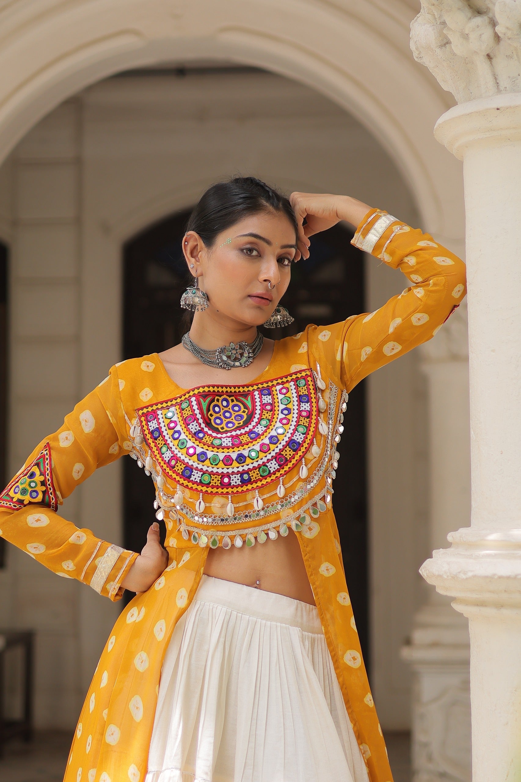 Yellow Georgette Bandhani Navratri Lehenga Kurti Kutchi Patchwork
