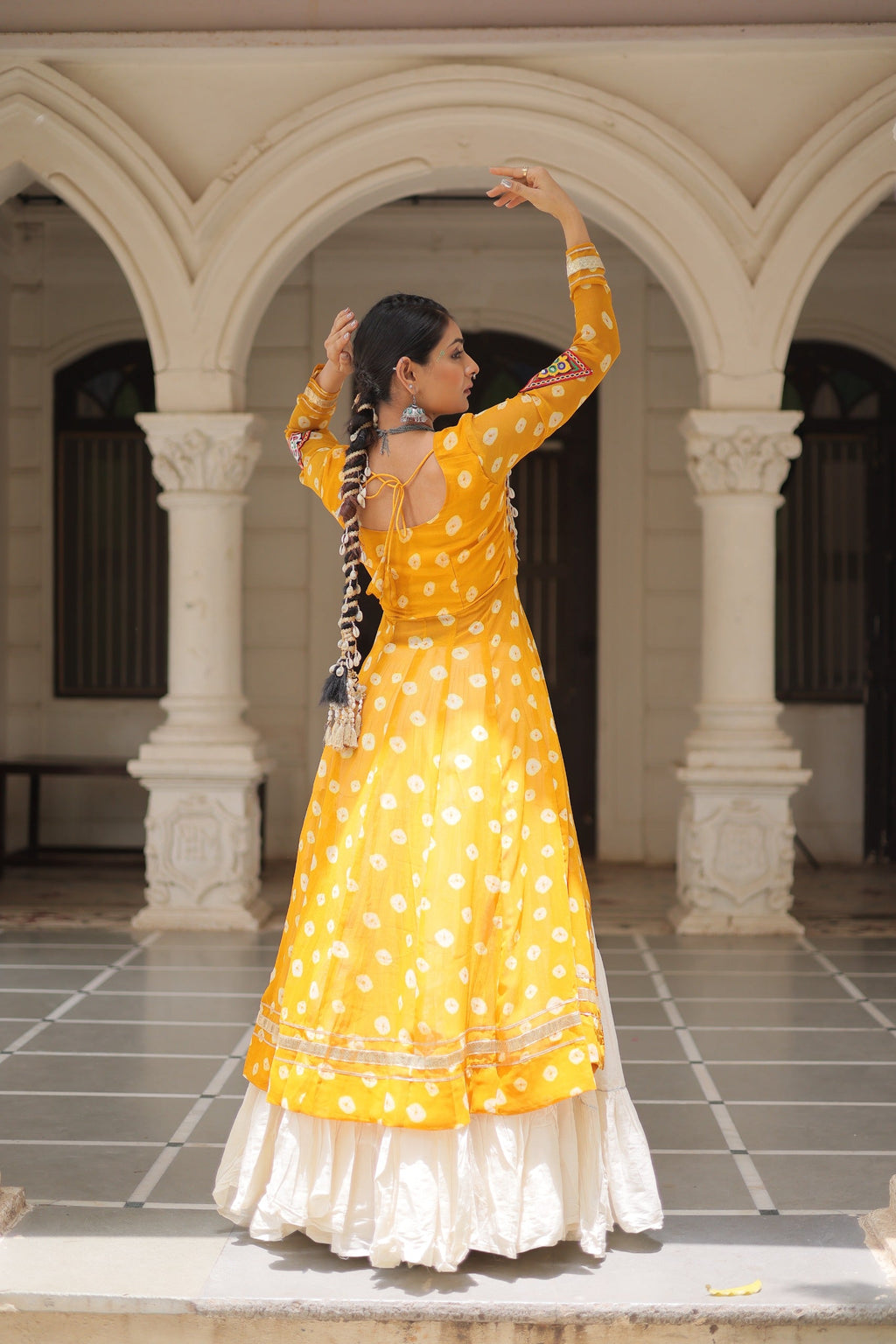 Yellow Georgette Bandhani Navratri Lehenga Kurti Kutchi Patchwork