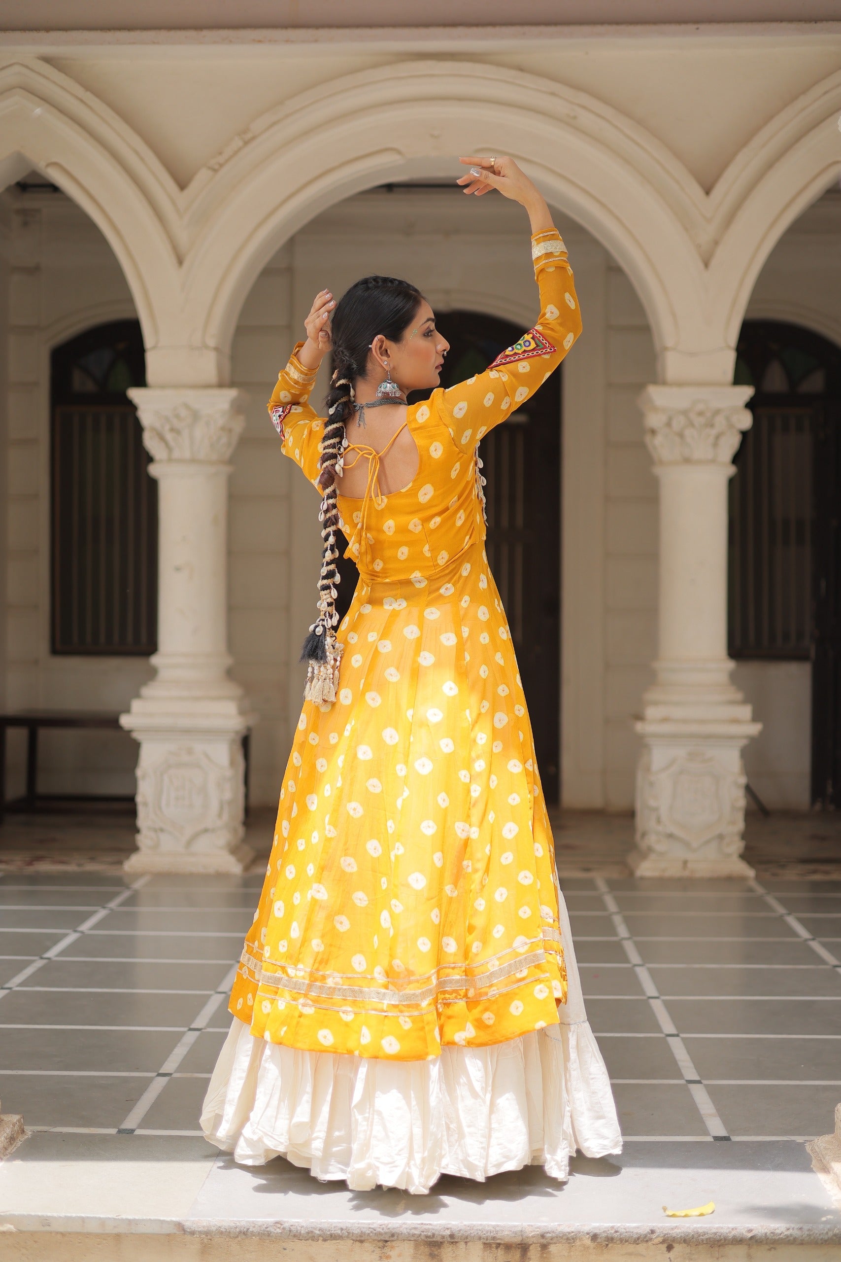 Yellow Georgette Bandhani Navratri Lehenga Kurti Kutchi Patchwork