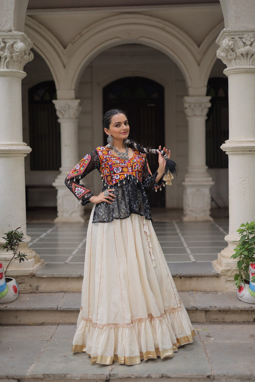 Black Georgette Bandhani Print Navratri Lehenga with Kutchi Gamthi