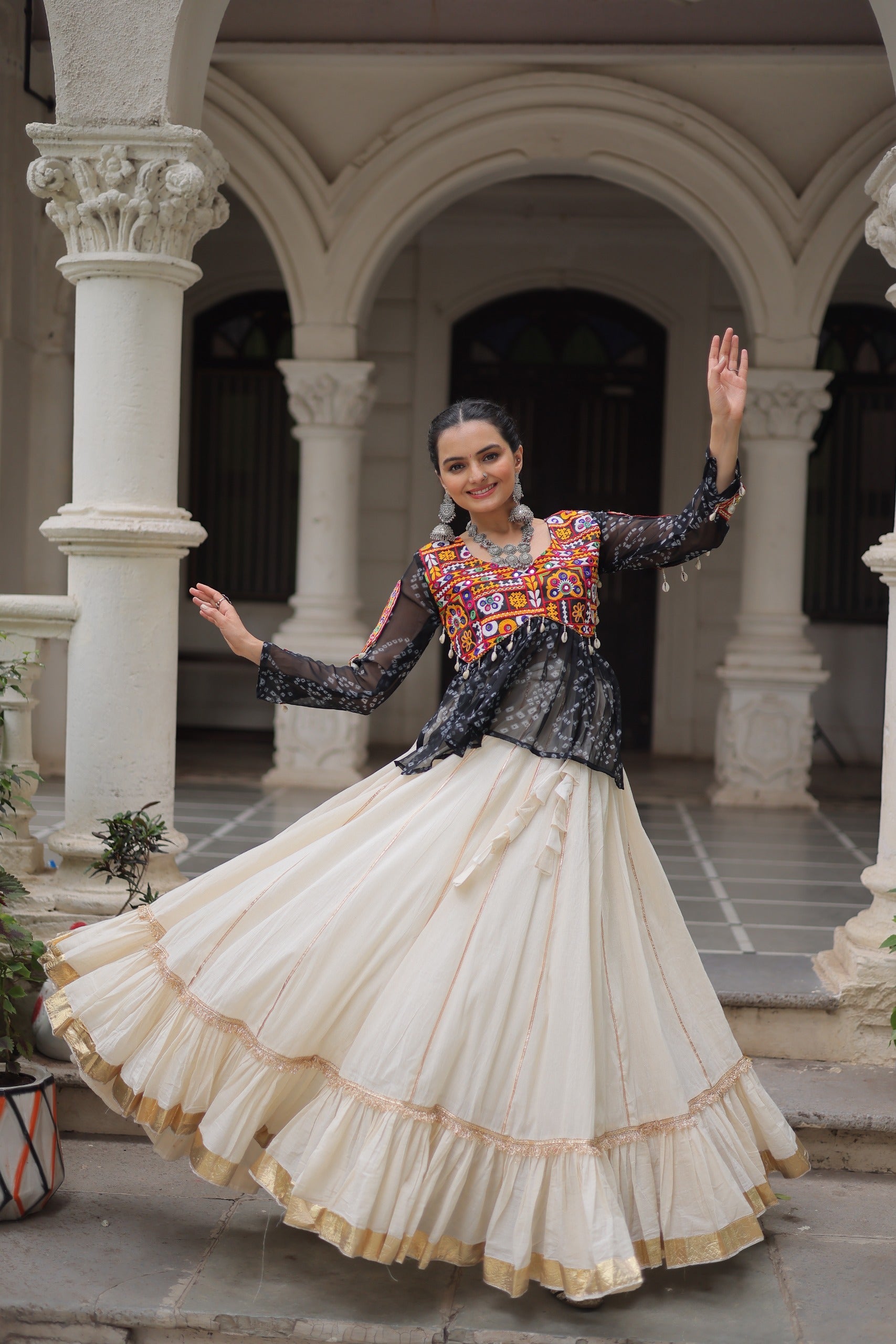 Black Georgette Bandhani Print Navratri Lehenga with Kutchi Gamthi