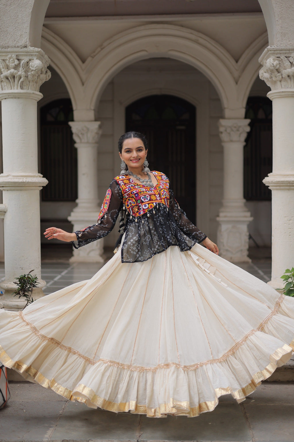 Black Georgette Bandhani Print Navratri Lehenga with Kutchi Gamthi