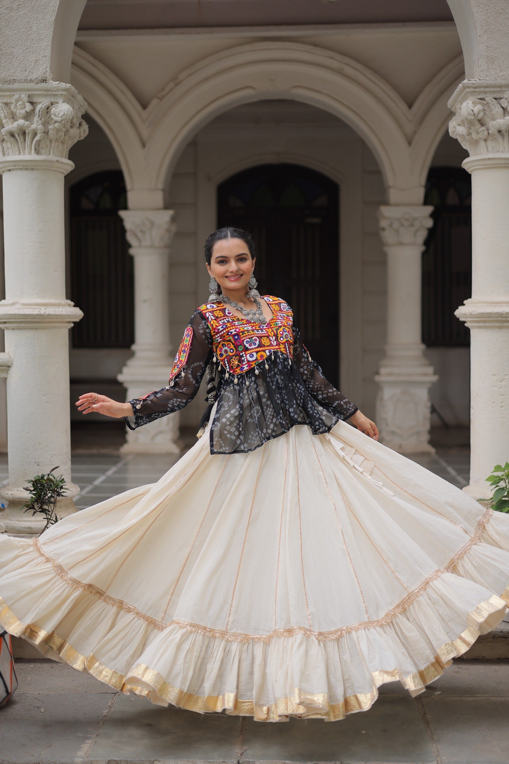 Black Georgette Bandhani Print Navratri Lehenga with Kutchi Gamthi