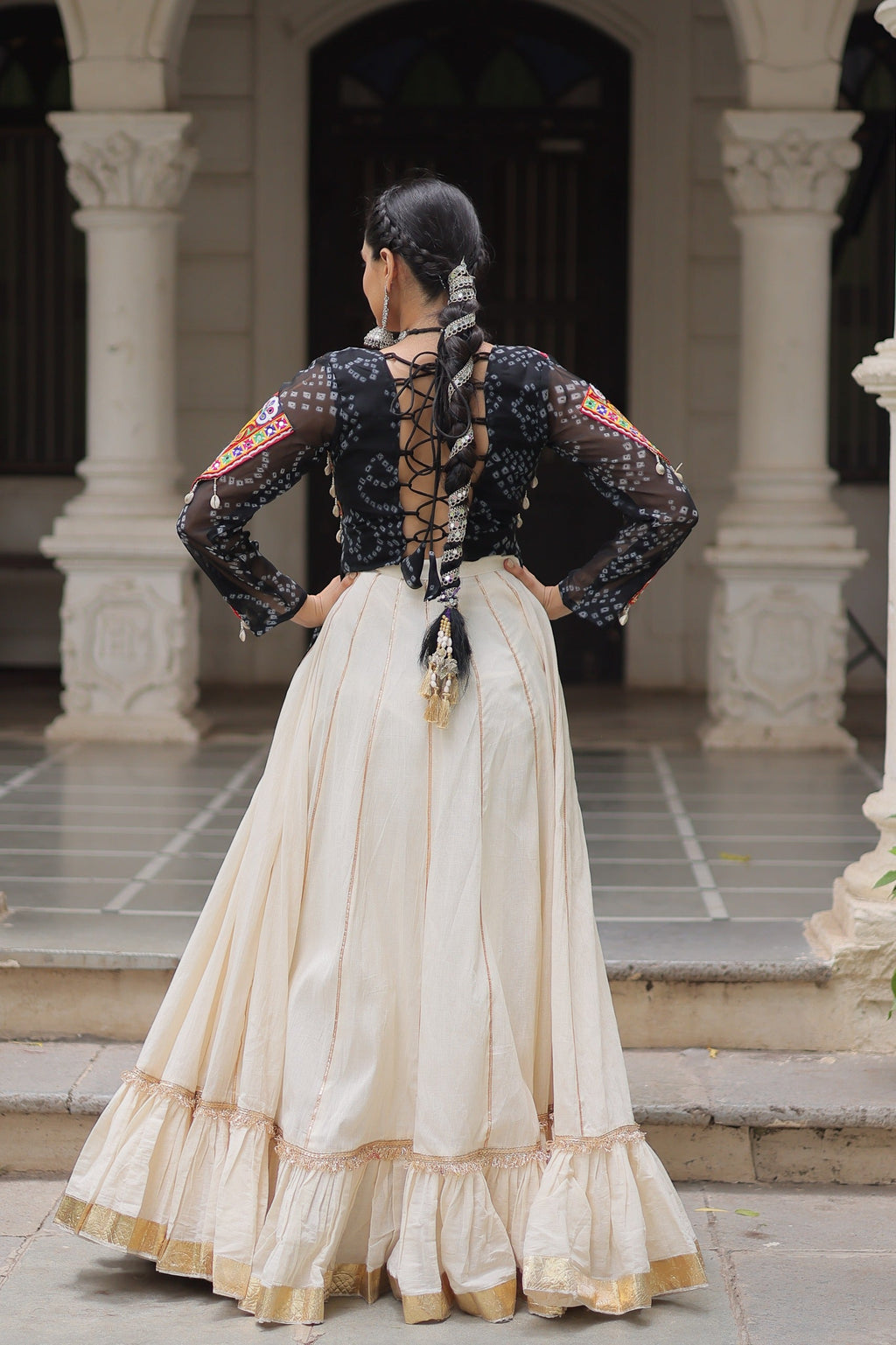 Black Georgette Bandhani Print Navratri Lehenga with Kutchi Gamthi