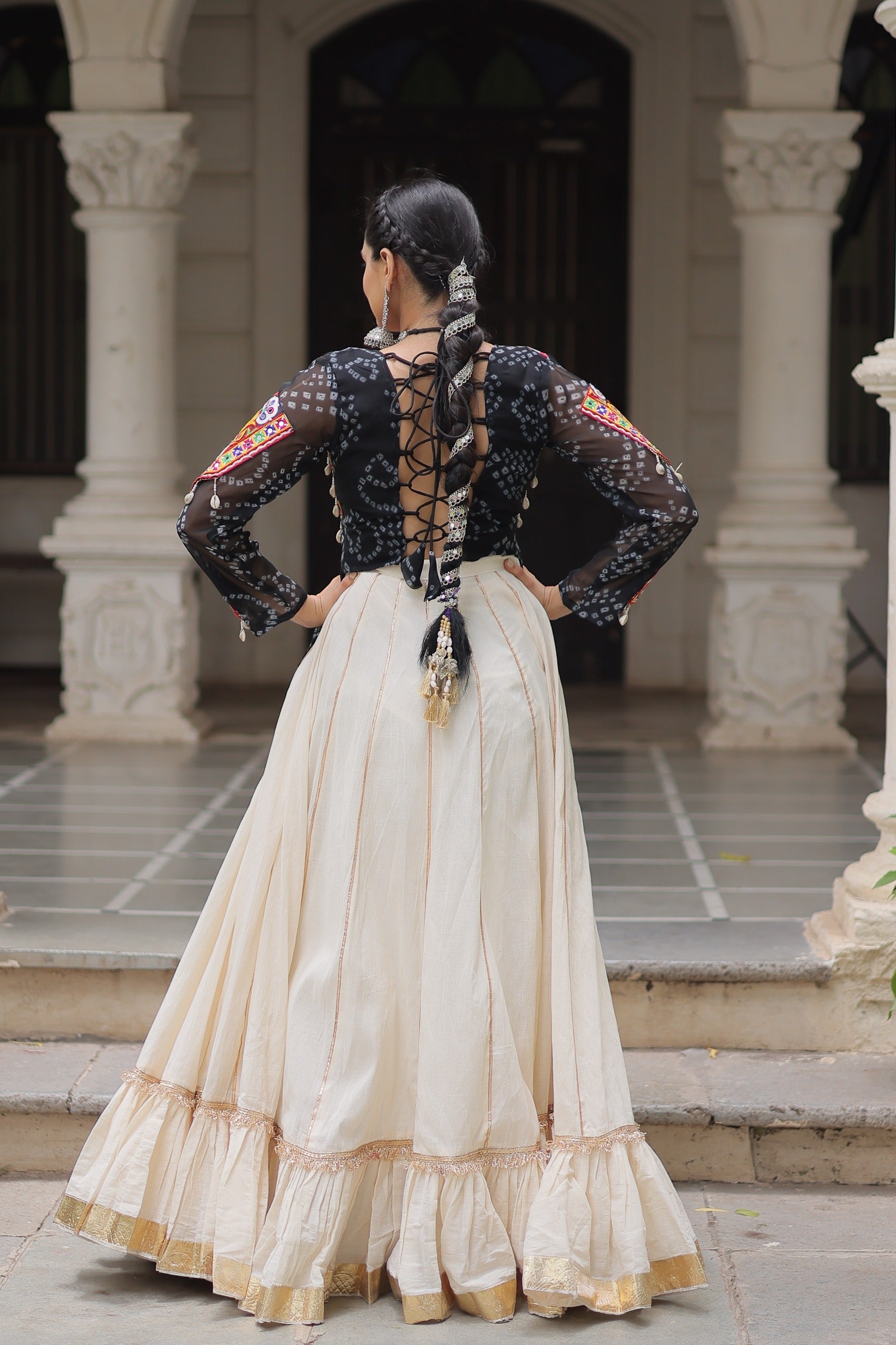 Black Georgette Bandhani Print Navratri Lehenga with Kutchi Gamthi