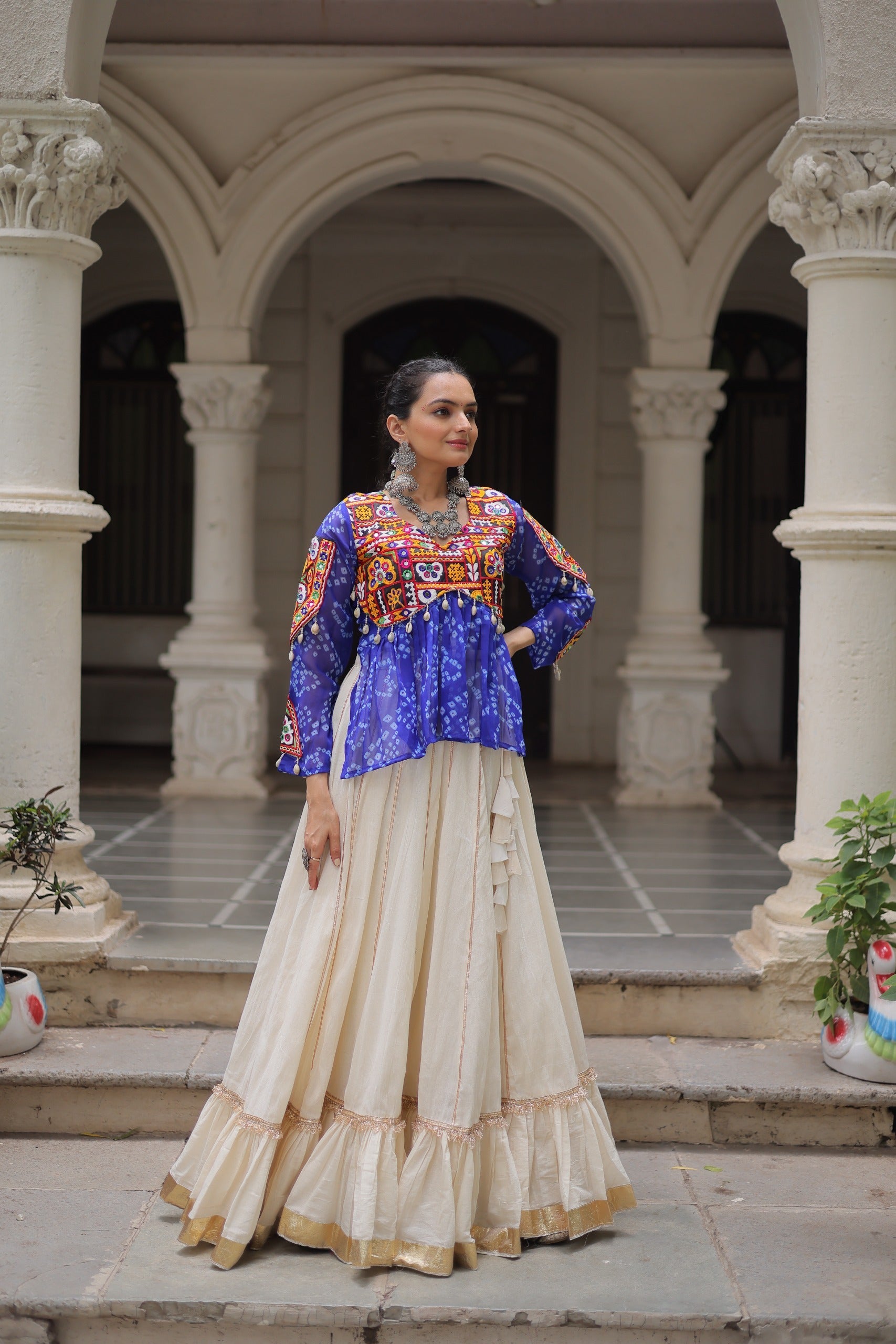 Blue Georgette Bandhani Print Navratri Lehenga with Kutchi Gamthi