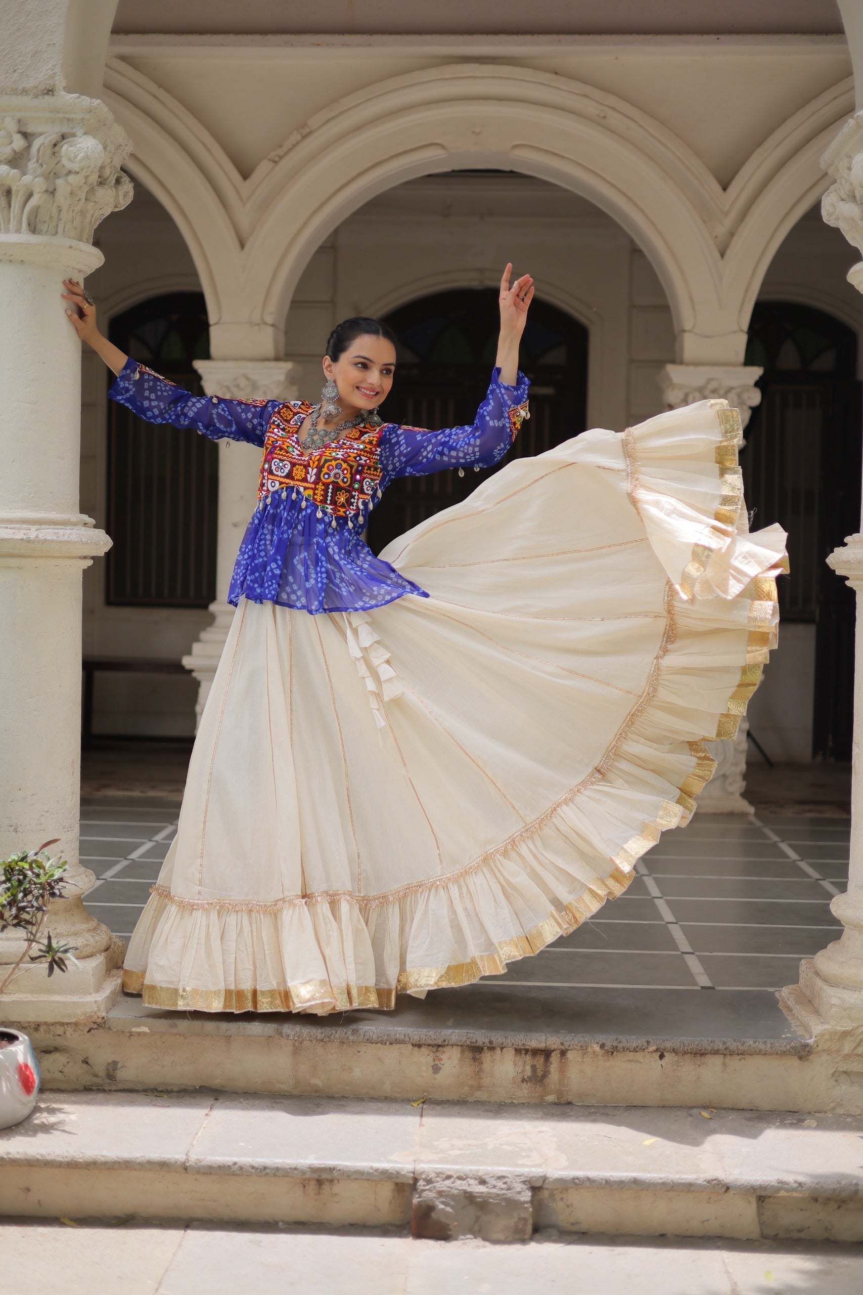 Blue Georgette Bandhani Print Navratri Lehenga with Kutchi Gamthi