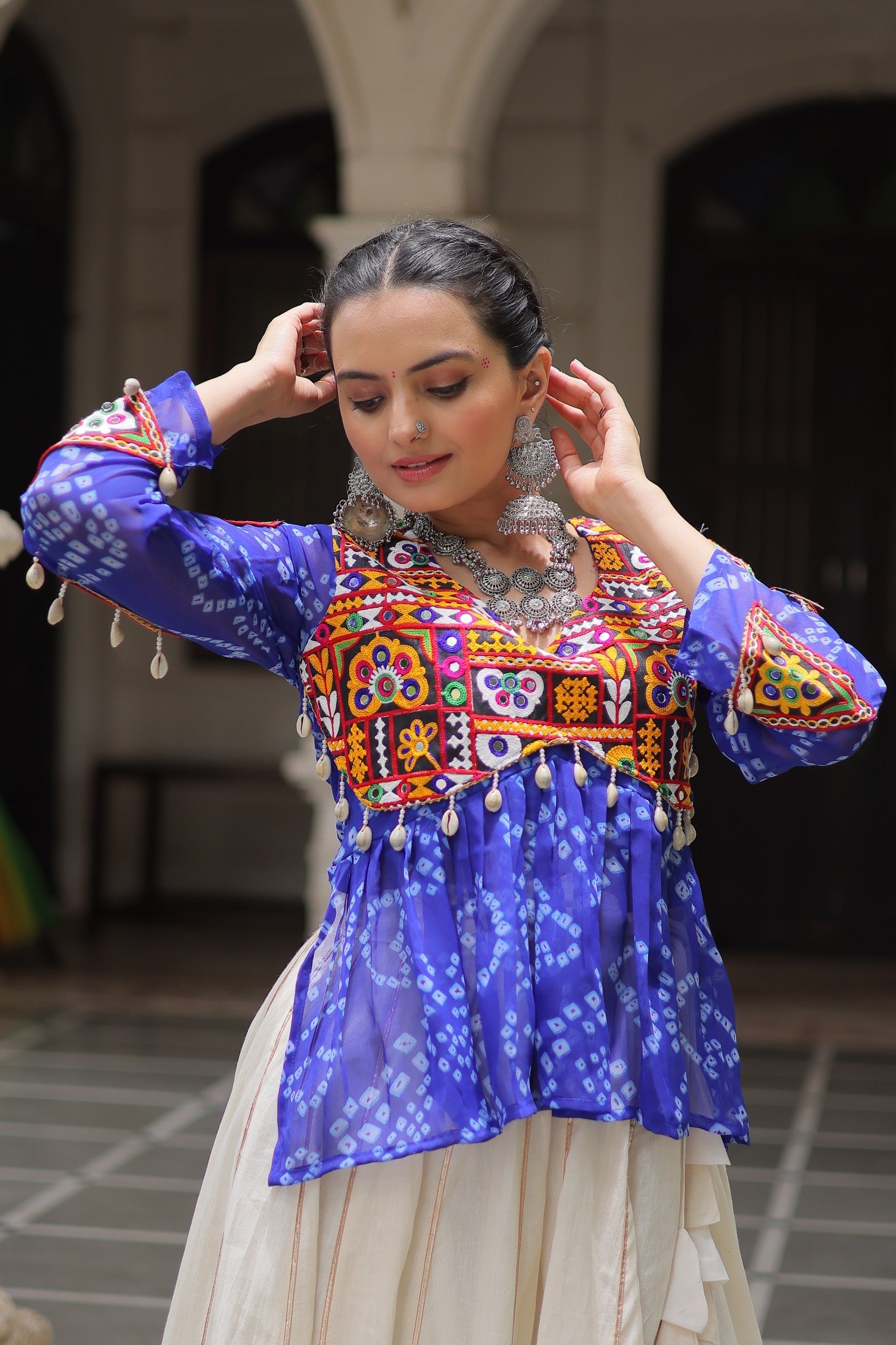 Blue Georgette Bandhani Print Navratri Lehenga with Kutchi Gamthi