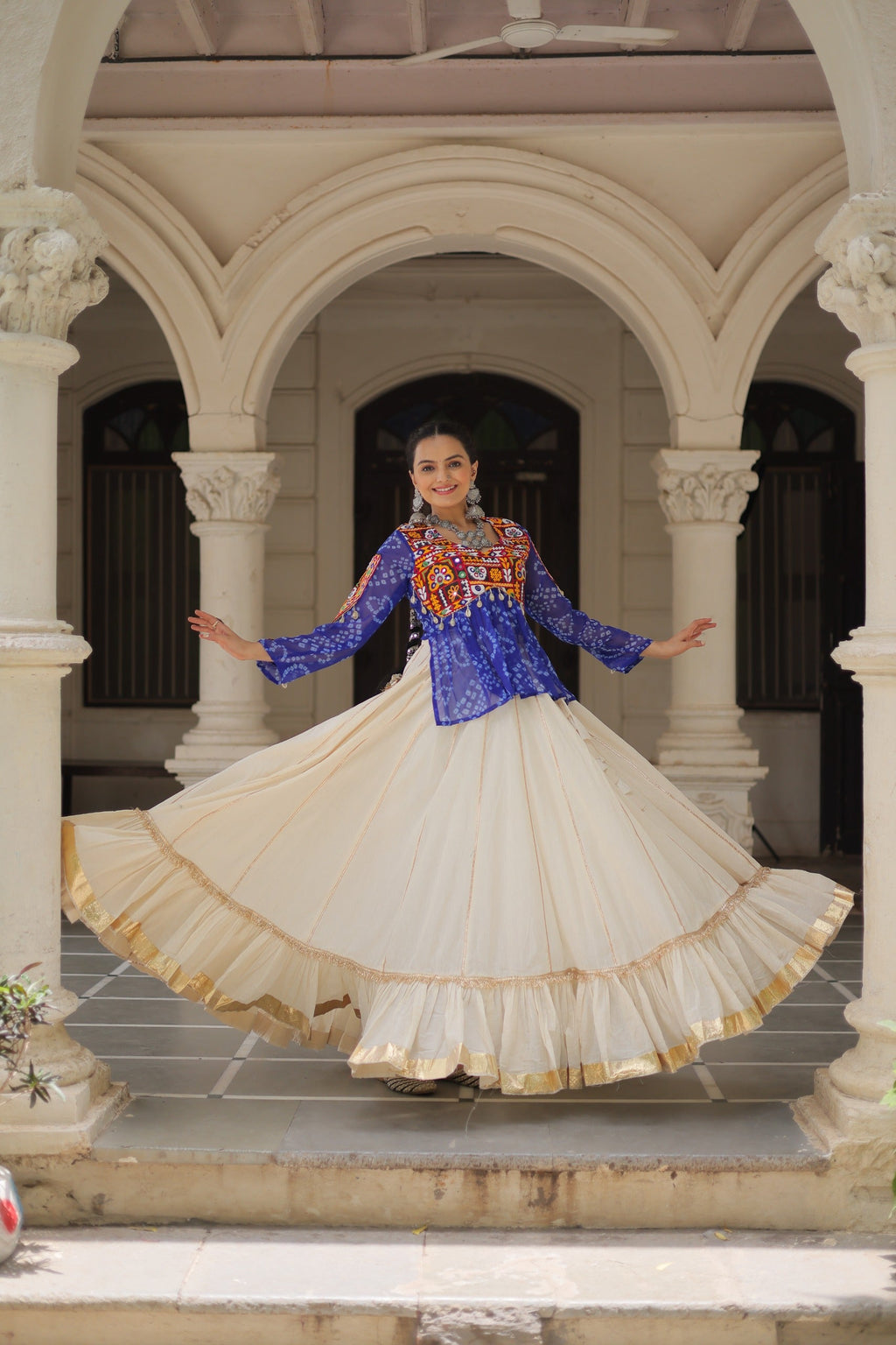Blue Georgette Bandhani Print Navratri Lehenga with Kutchi Gamthi