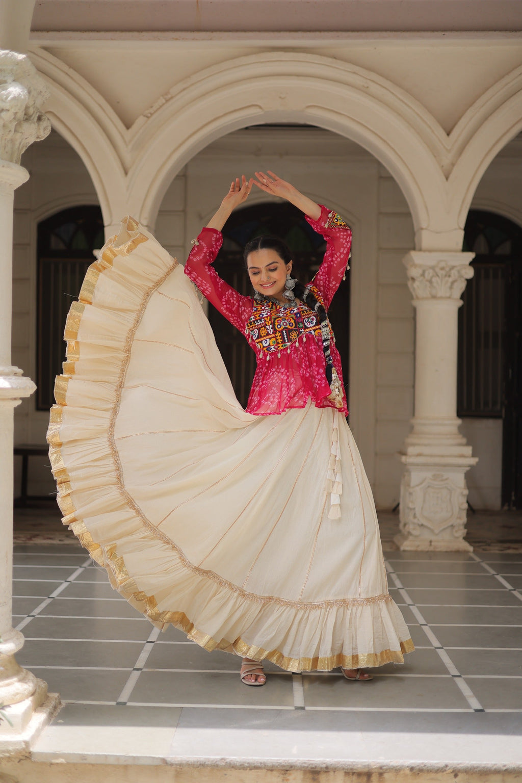 Pink Georgette Bandhani Print Kutchi Gamthi Navratri Lehenga