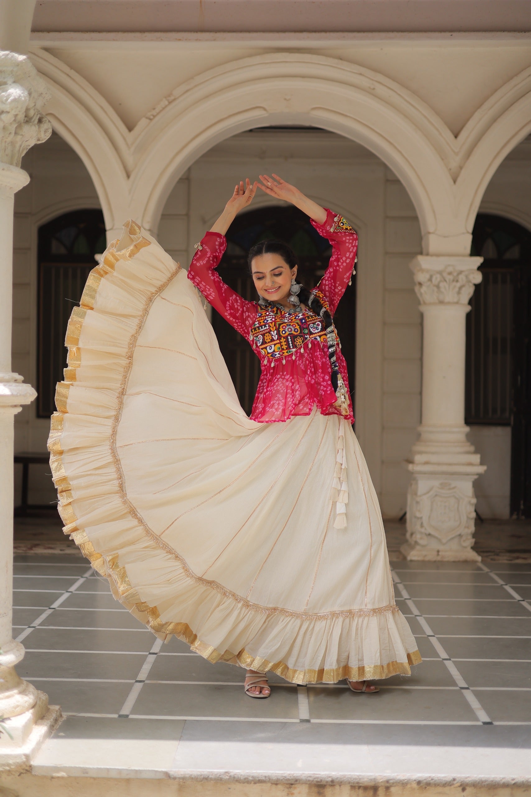 Pink Georgette Bandhani Print Kutchi Gamthi Navratri Lehenga