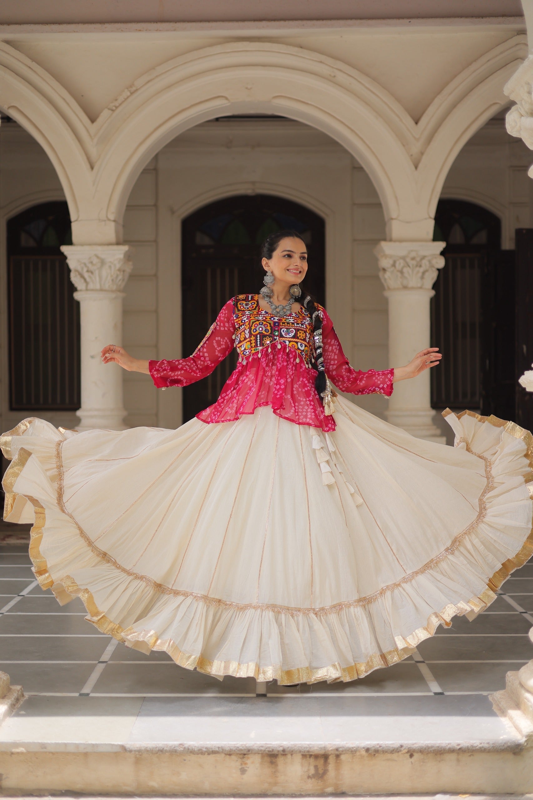 Pink Georgette Bandhani Print Kutchi Gamthi Navratri Lehenga