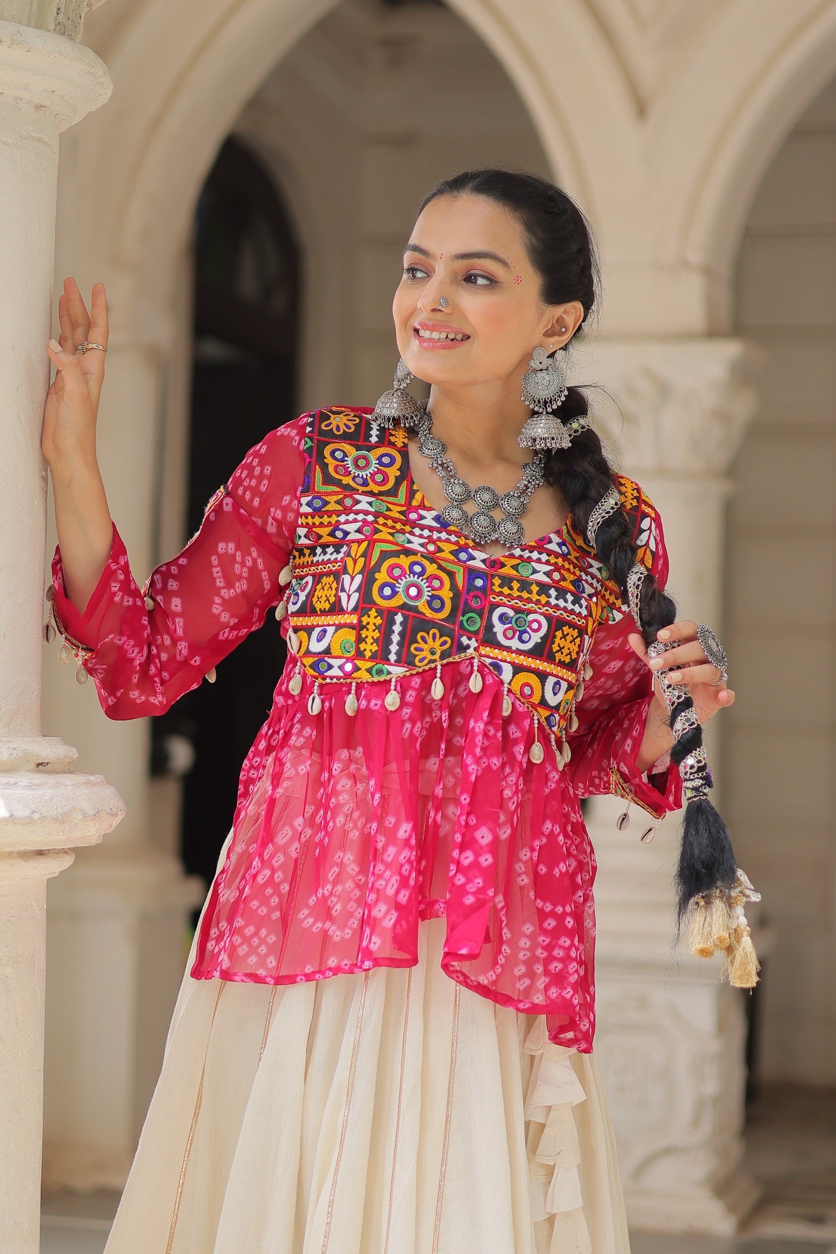 Pink Georgette Bandhani Print Kutchi Gamthi Navratri Lehenga