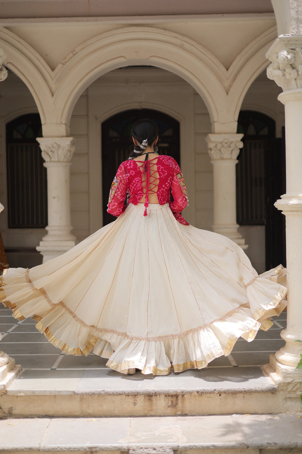 Pink Georgette Bandhani Print Kutchi Gamthi Navratri Lehenga