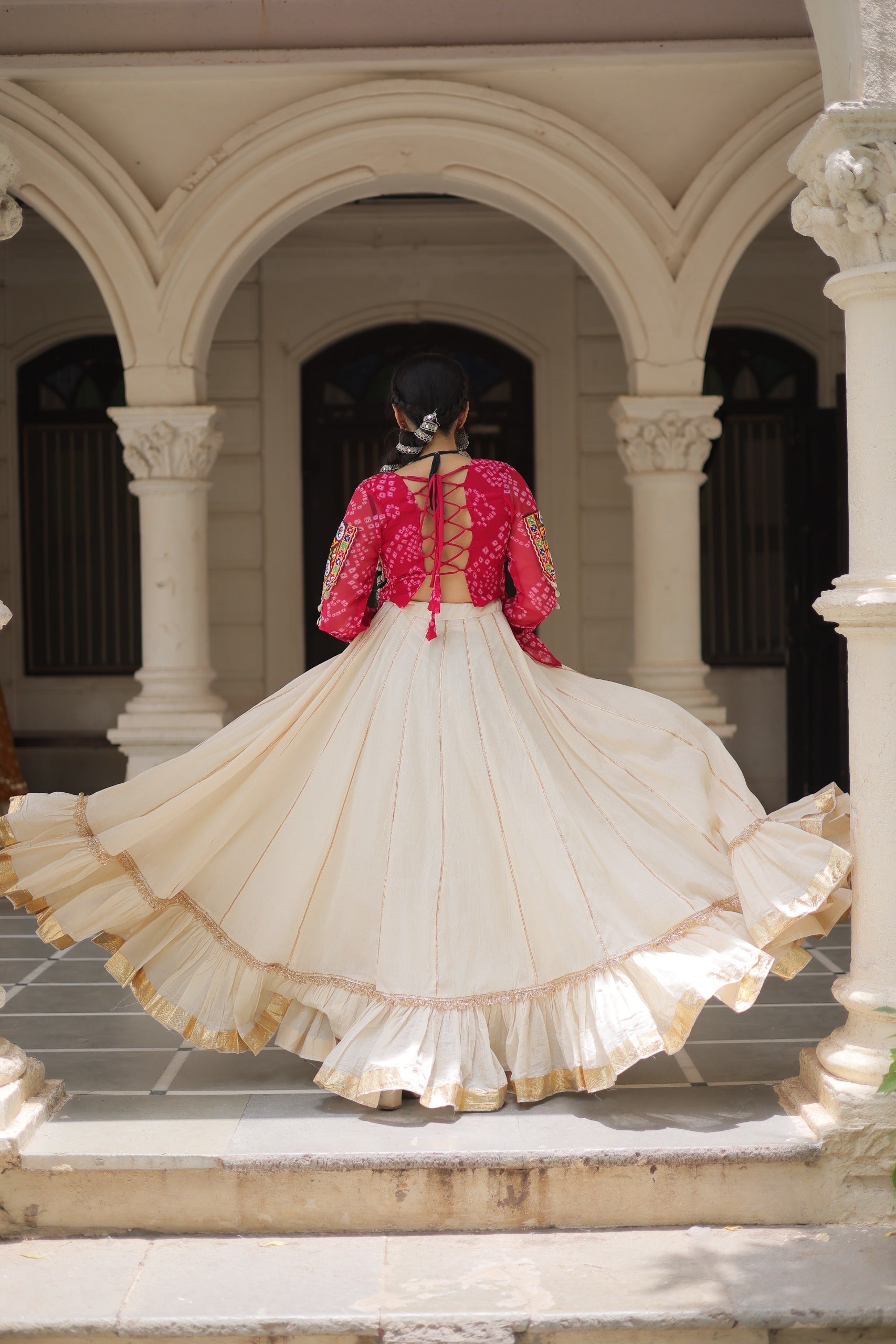 Pink Georgette Bandhani Print Kutchi Gamthi Navratri Lehenga