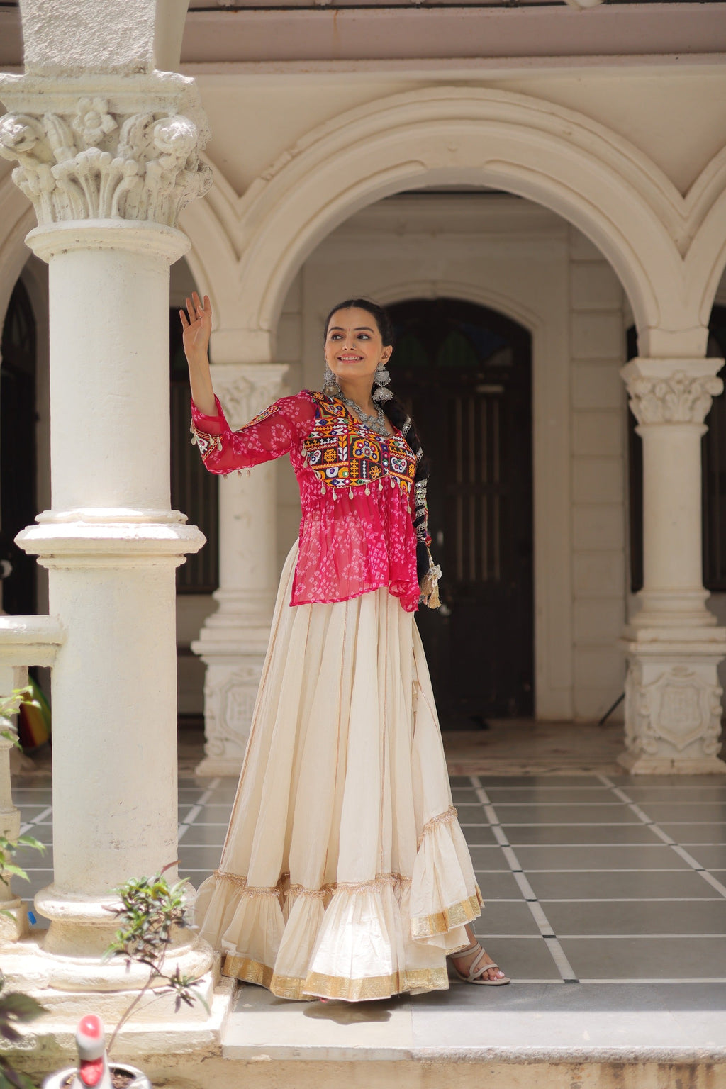 Pink Georgette Bandhani print Navratri lehenga with Gota-Patti lace