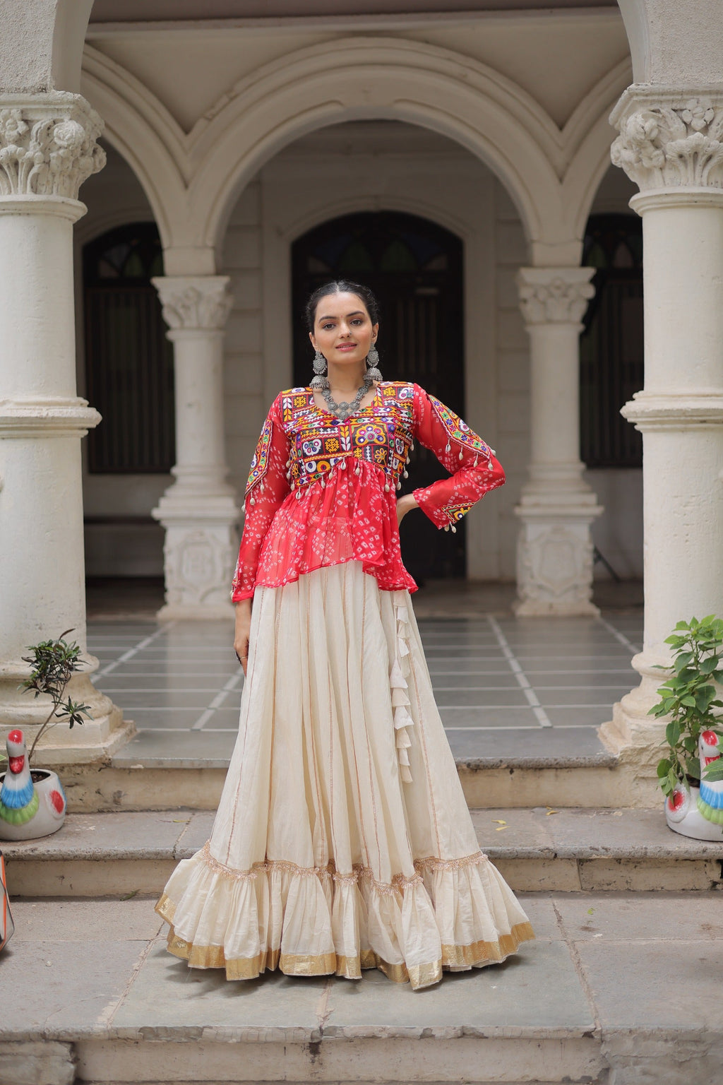 Prazu Fashion Red Georgette Bandhani Print With Kutchi Gamthi Navratri Lehenga