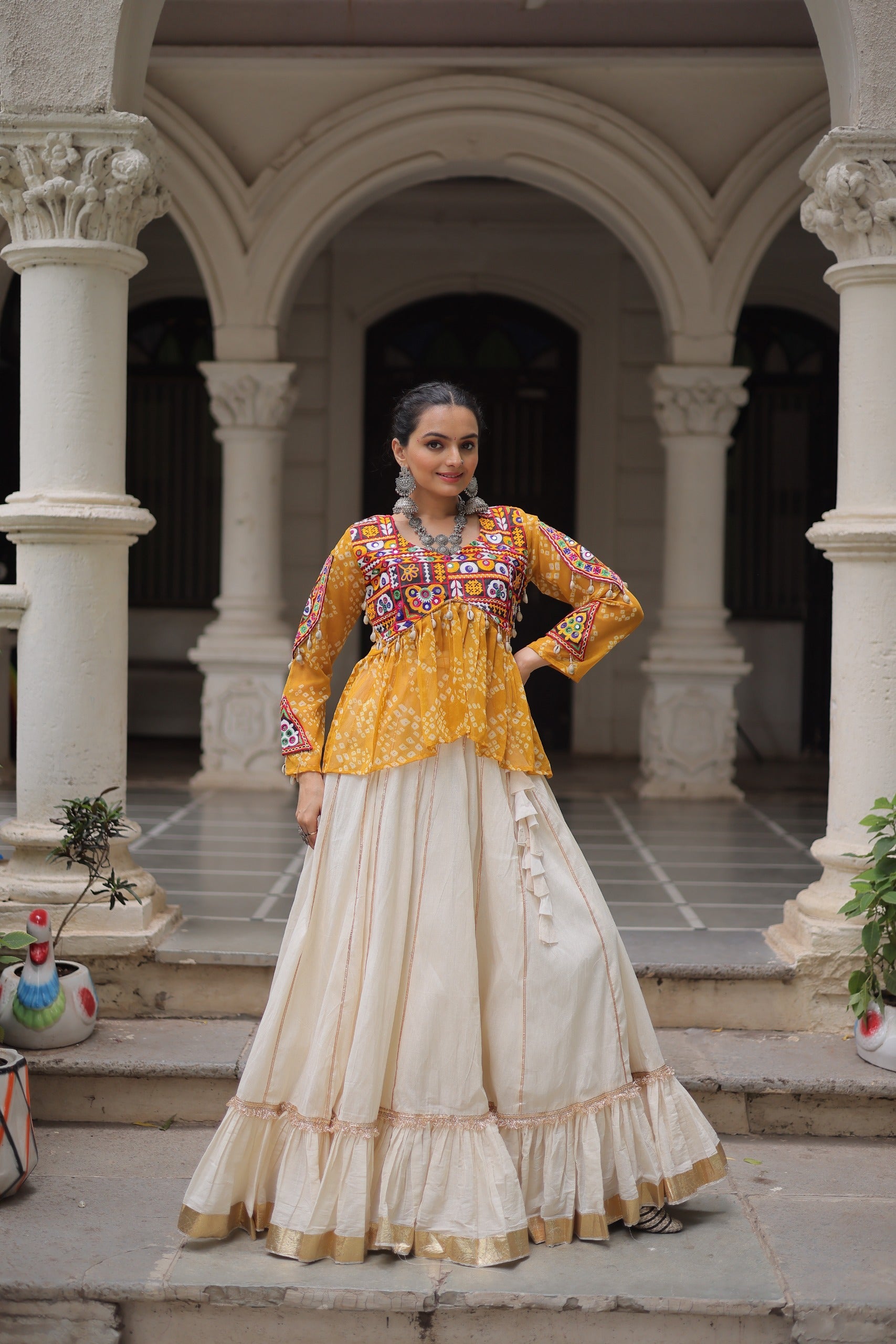 Yellow Georgette Bandhani Print Lehenga with Gota-Patti Lace