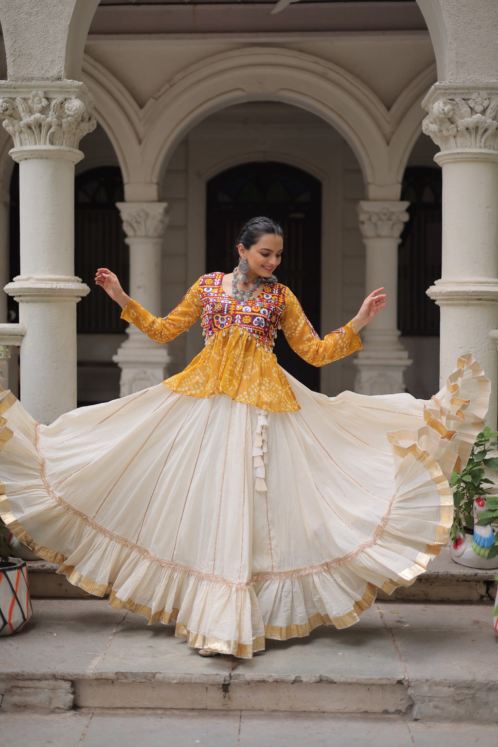 Yellow Georgette Bandhani Print Lehenga with Gota-Patti Lace