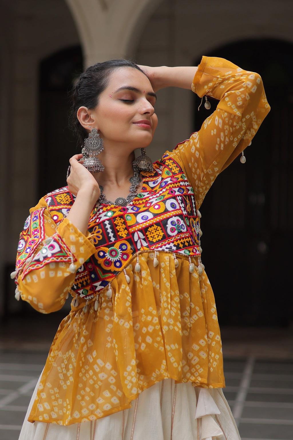 Yellow Georgette Bandhani Print Lehenga with Gota-Patti Lace