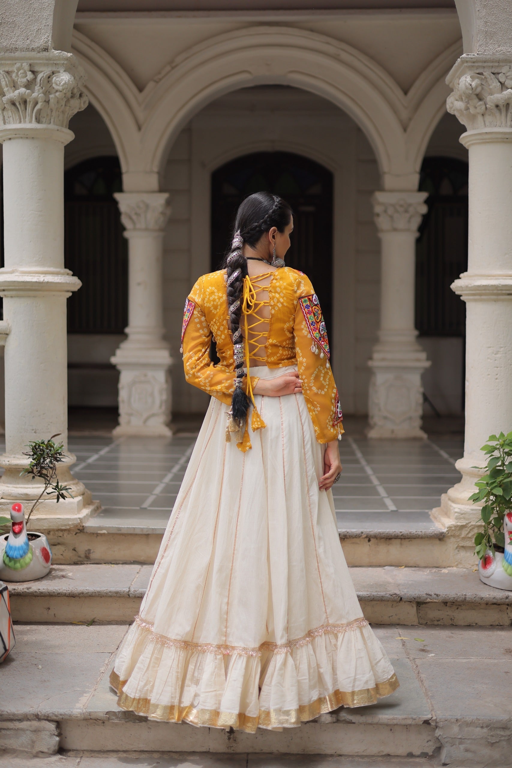 Yellow Georgette Bandhani Print Lehenga with Gota-Patti Lace