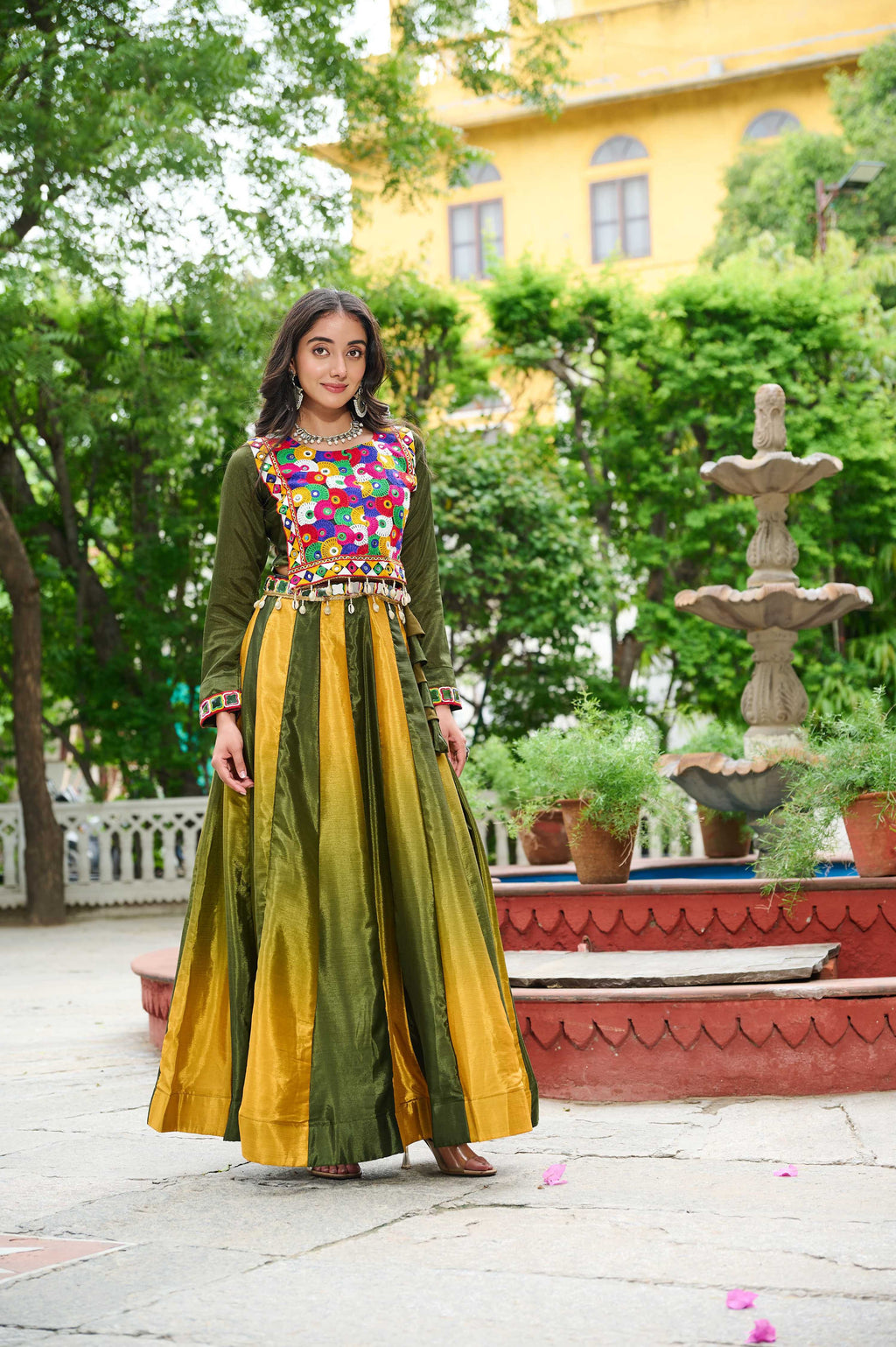 Multicolor Chinnon Kutchi Gamthi Embroidered Navratri Lehenga Skirt