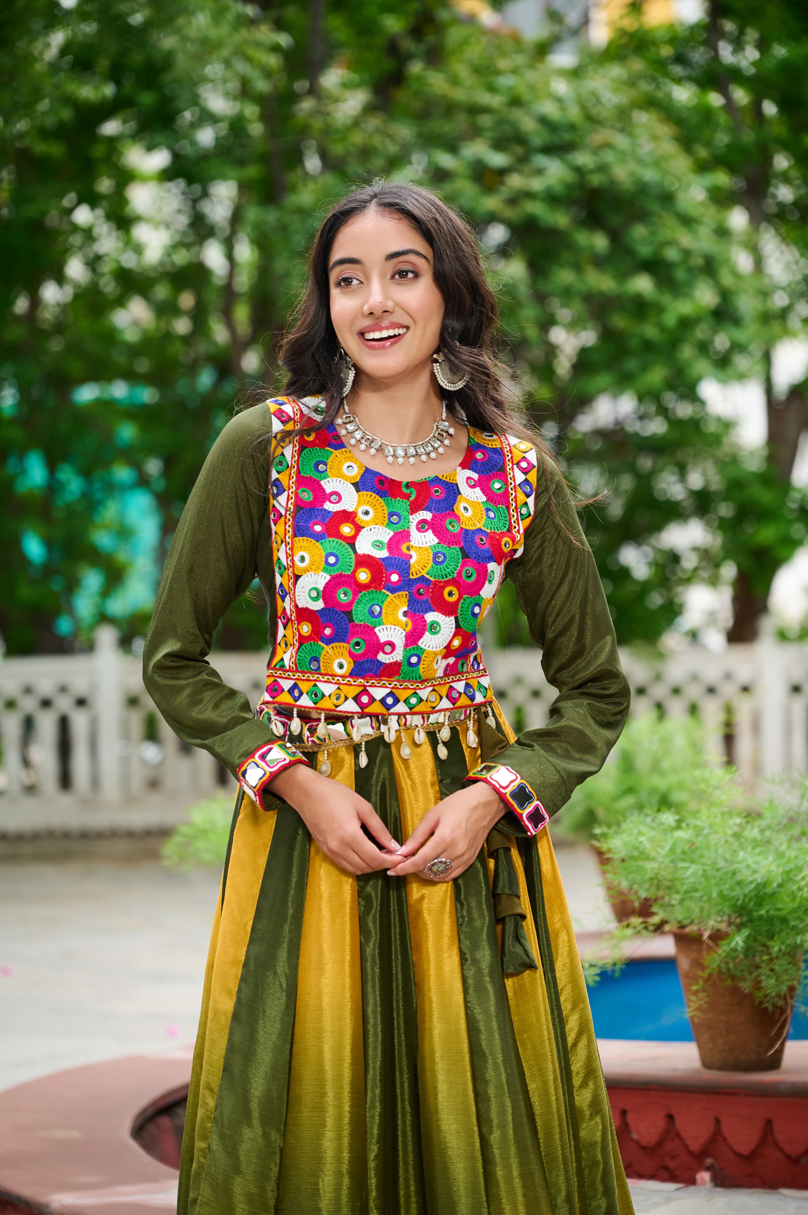 Multicolor Chinnon Kutchi Gamthi Embroidered Navratri Lehenga Skirt