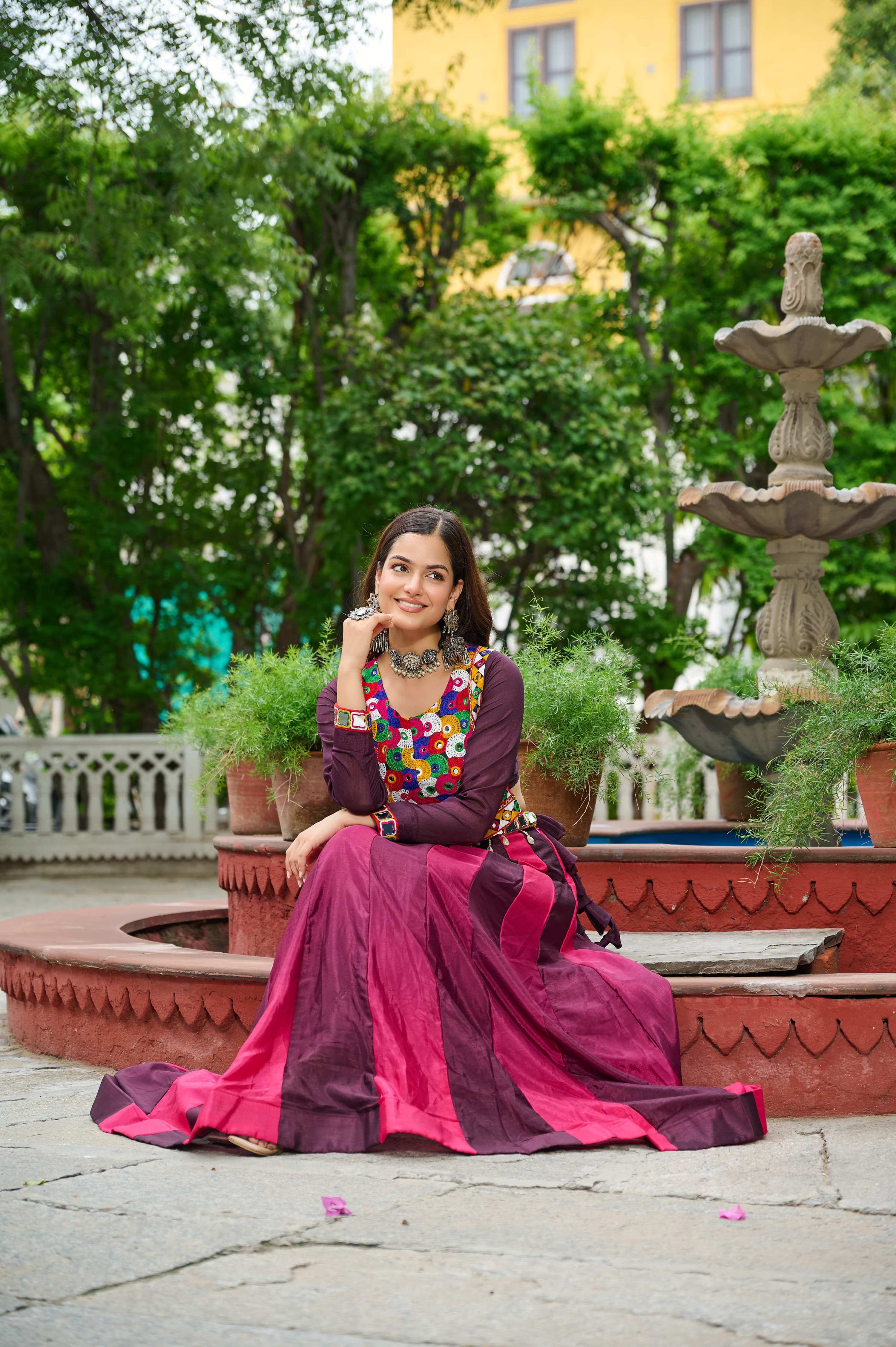 Multicolor Chinnon Navratri Lehenga with Kutchi Gamthi Embroidery