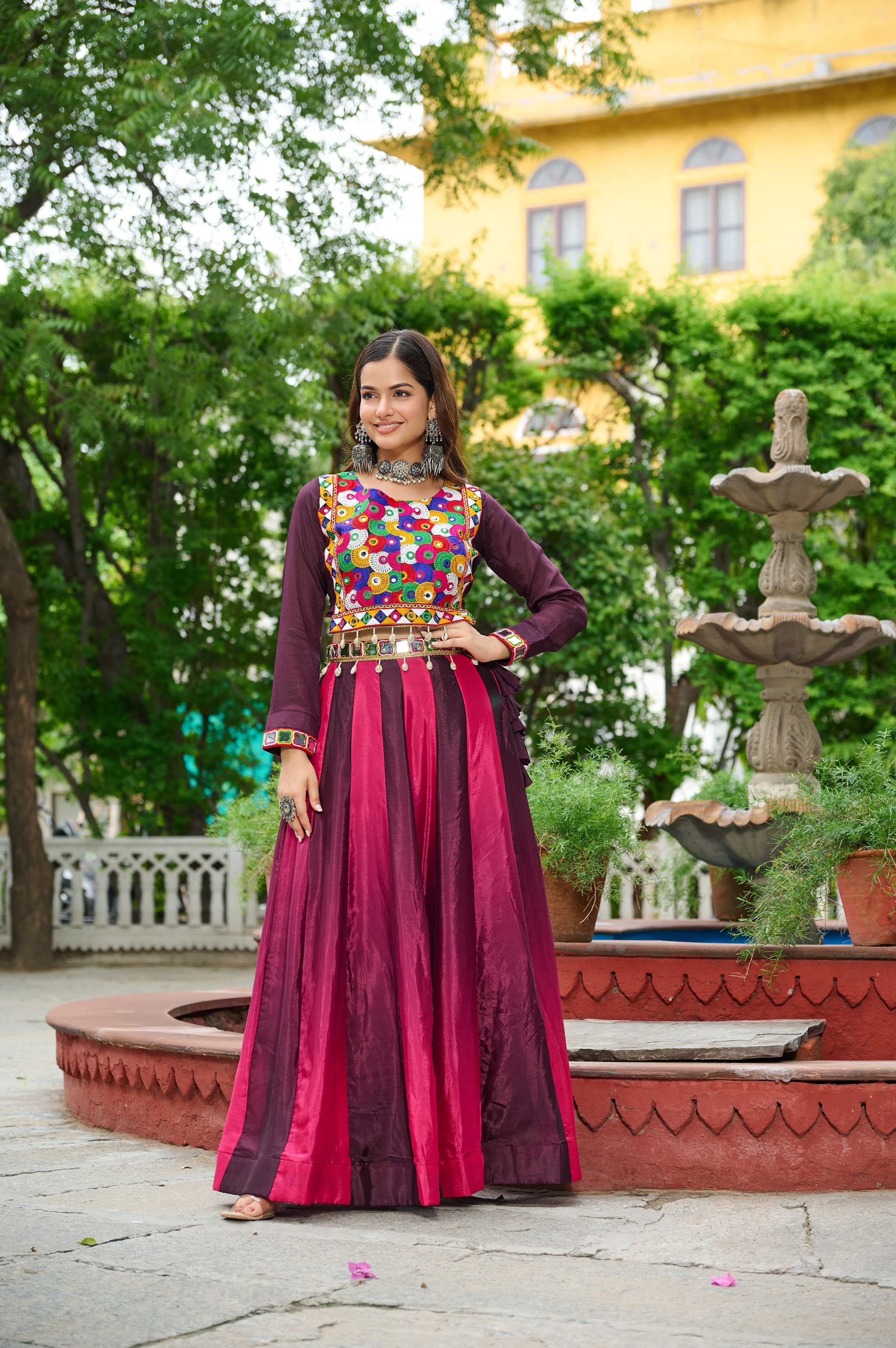 Multicolor Chinnon Navratri lehenga with geometric Kutchi Gamthi embroidery and ethnic bohemian style.