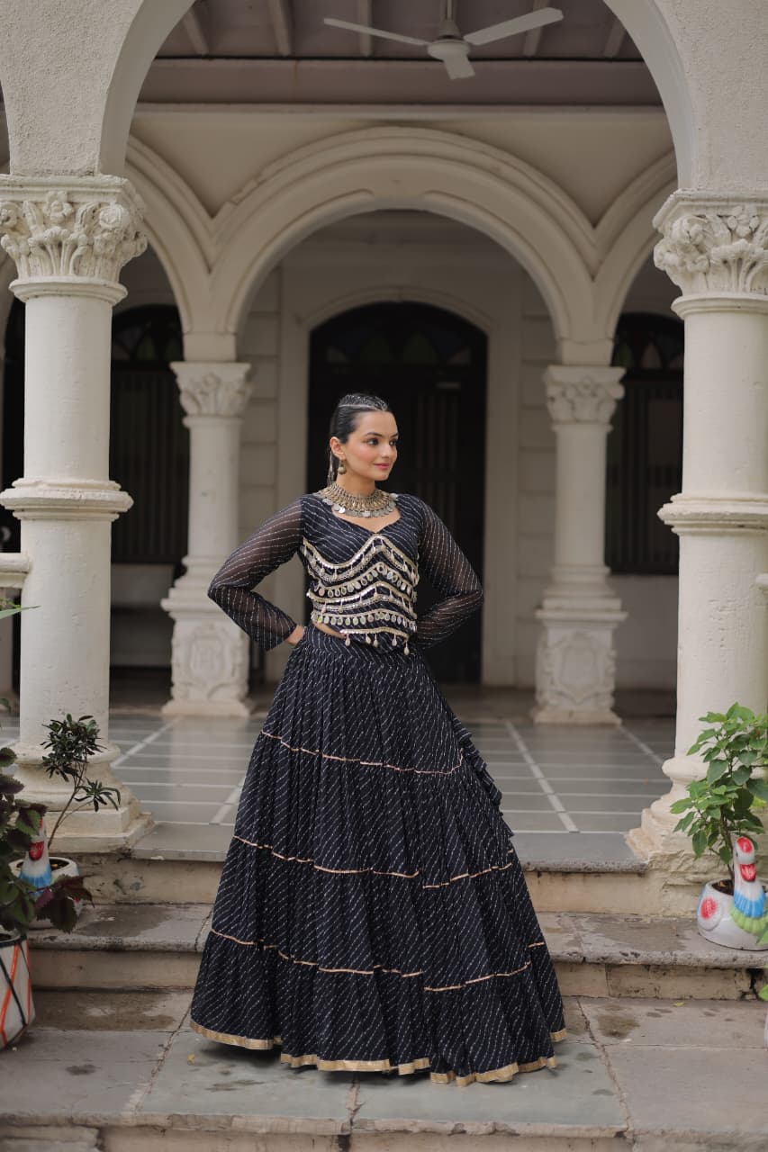 Black Georgette Leheriya Print Navratri Lehenga with Mirror Lace