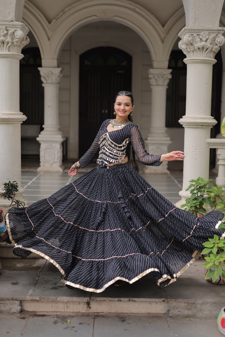 Black Georgette Leheriya Print Navratri Lehenga with Mirror Lace