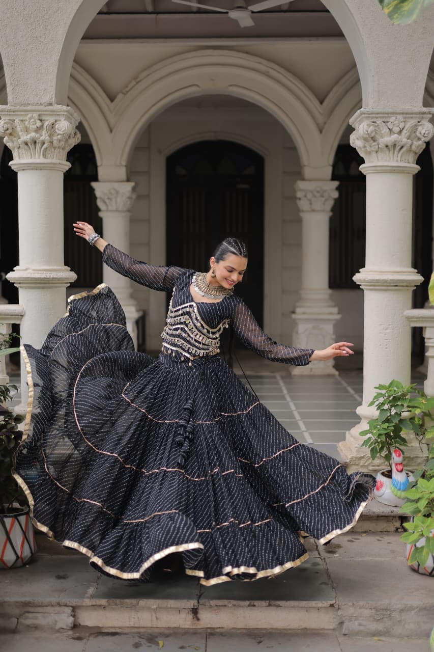 Black Georgette Leheriya Print Navratri Lehenga with Mirror Lace