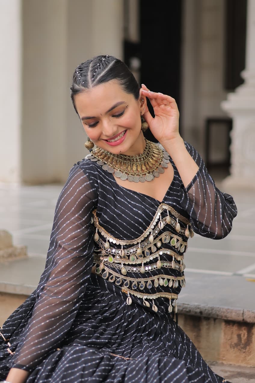 Black Georgette Leheriya Print Navratri Lehenga with Mirror Lace