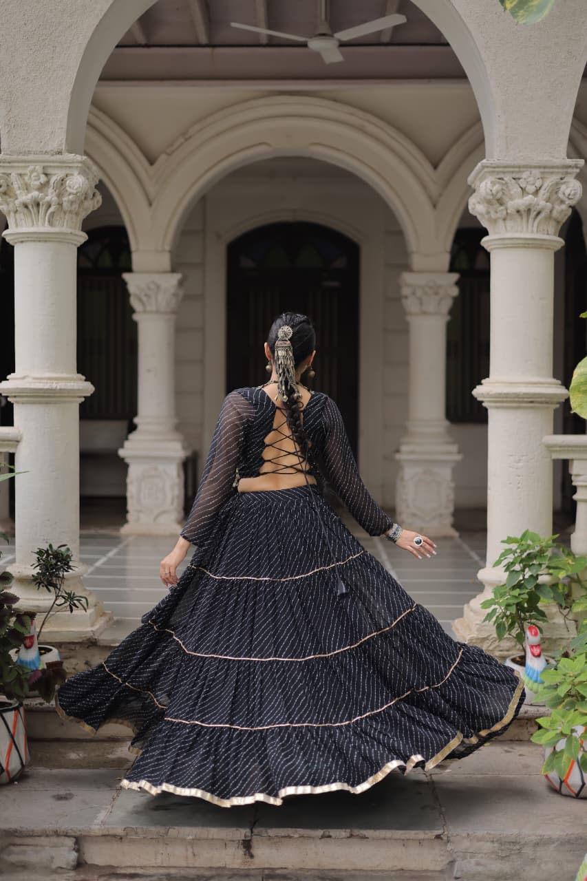 Black Georgette Leheriya Print Navratri Lehenga with Mirror Lace