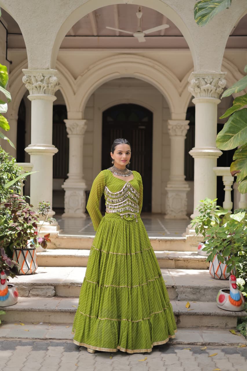 Mehendi Georgette Leheriya Print Lehenga with Mirror Lace Work