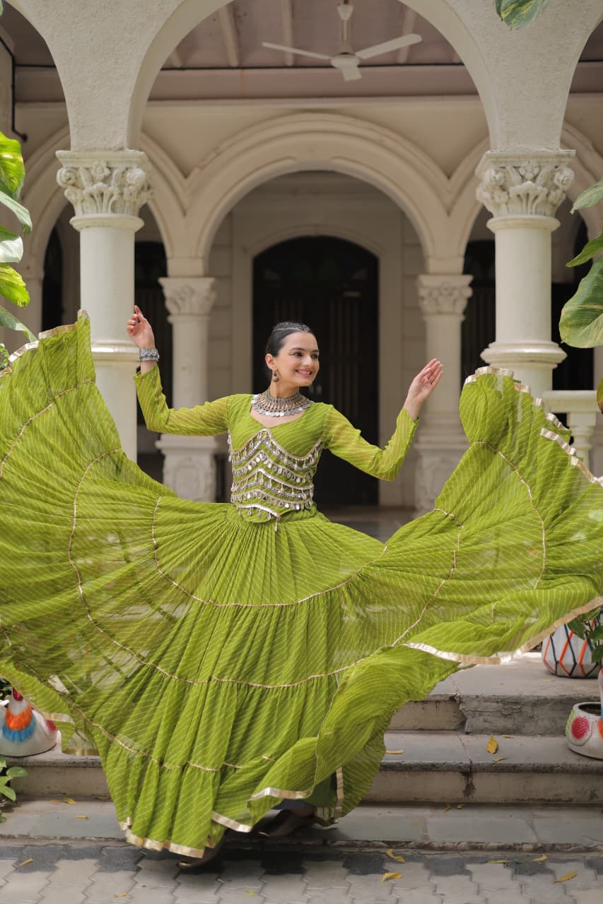 Mehendi Georgette Leheriya Print Lehenga with Mirror Lace Work